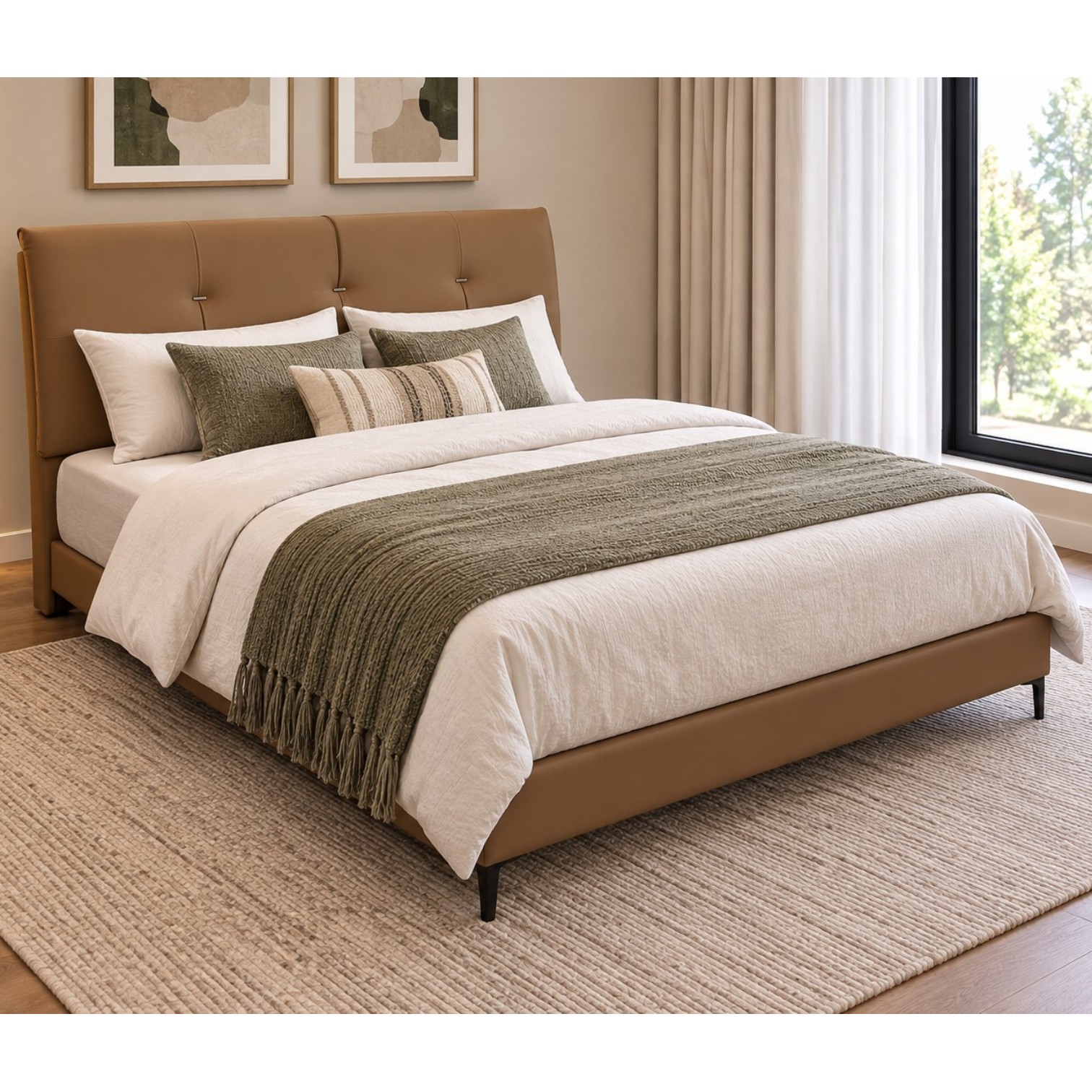 Luxe brown leather bed with padded headboard and vertical detailing