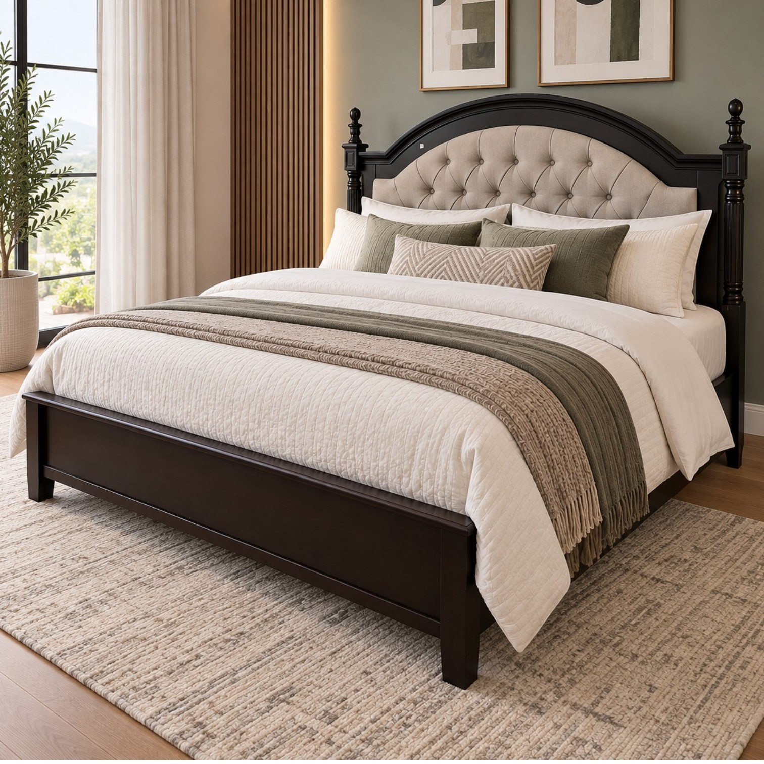 Prestige solid wood bed with curved button-tufted upholstered headboard
