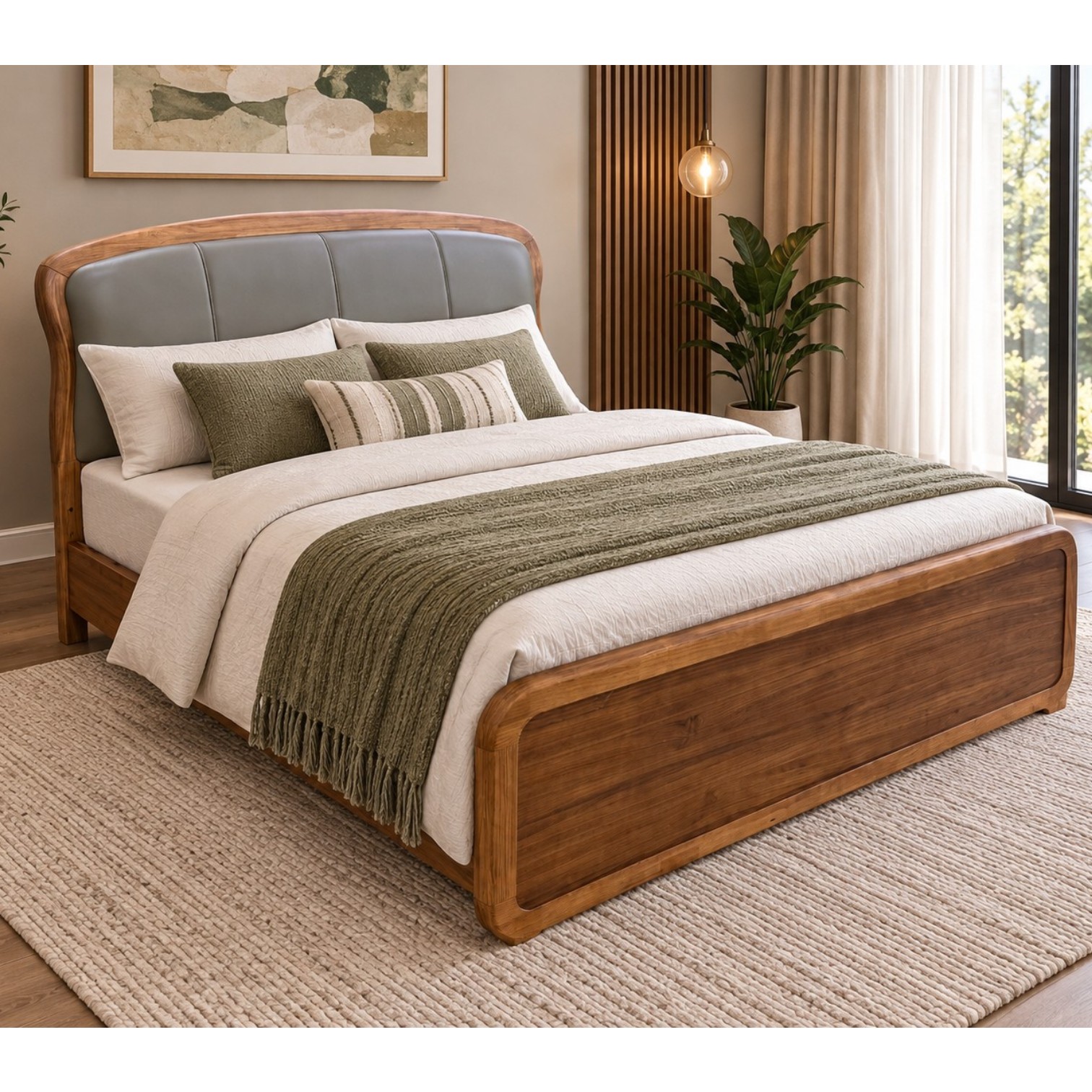 Vista solid wood bed with leather upholstered headboard and wooden footboard