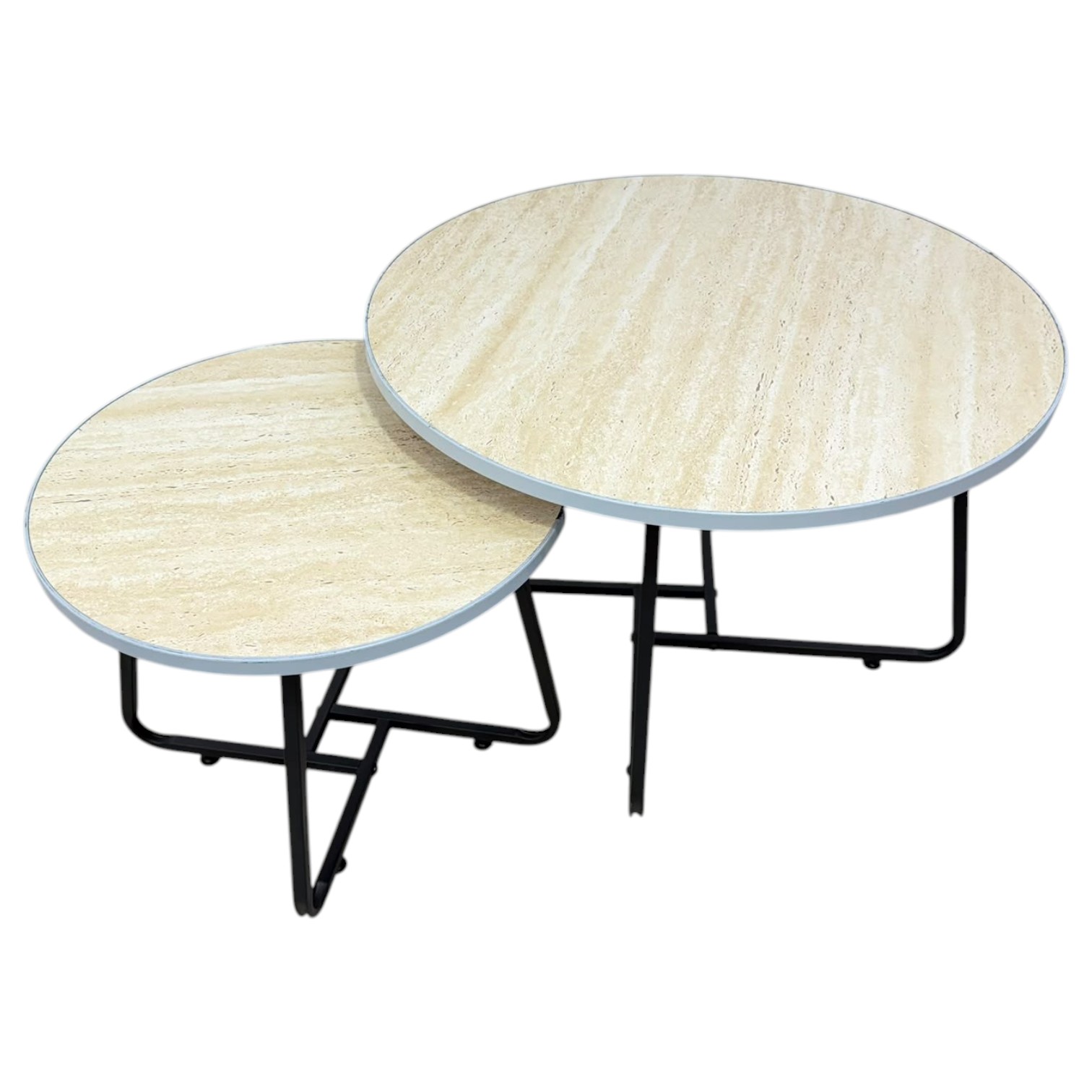 Nora two-piece round coffee table set with stone finish and black metal frames