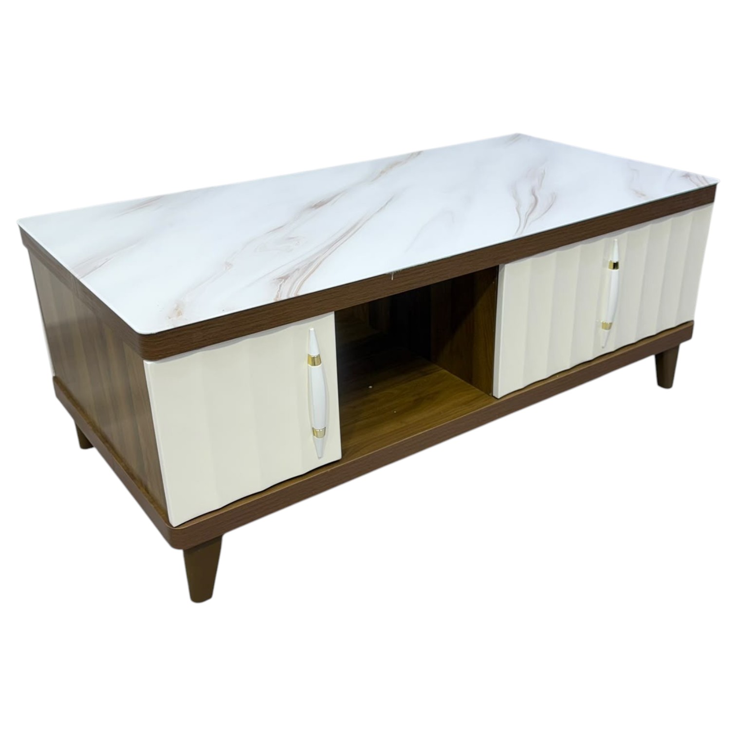 Atlas coffee table with glass top, storage cupboards and open centre shelf