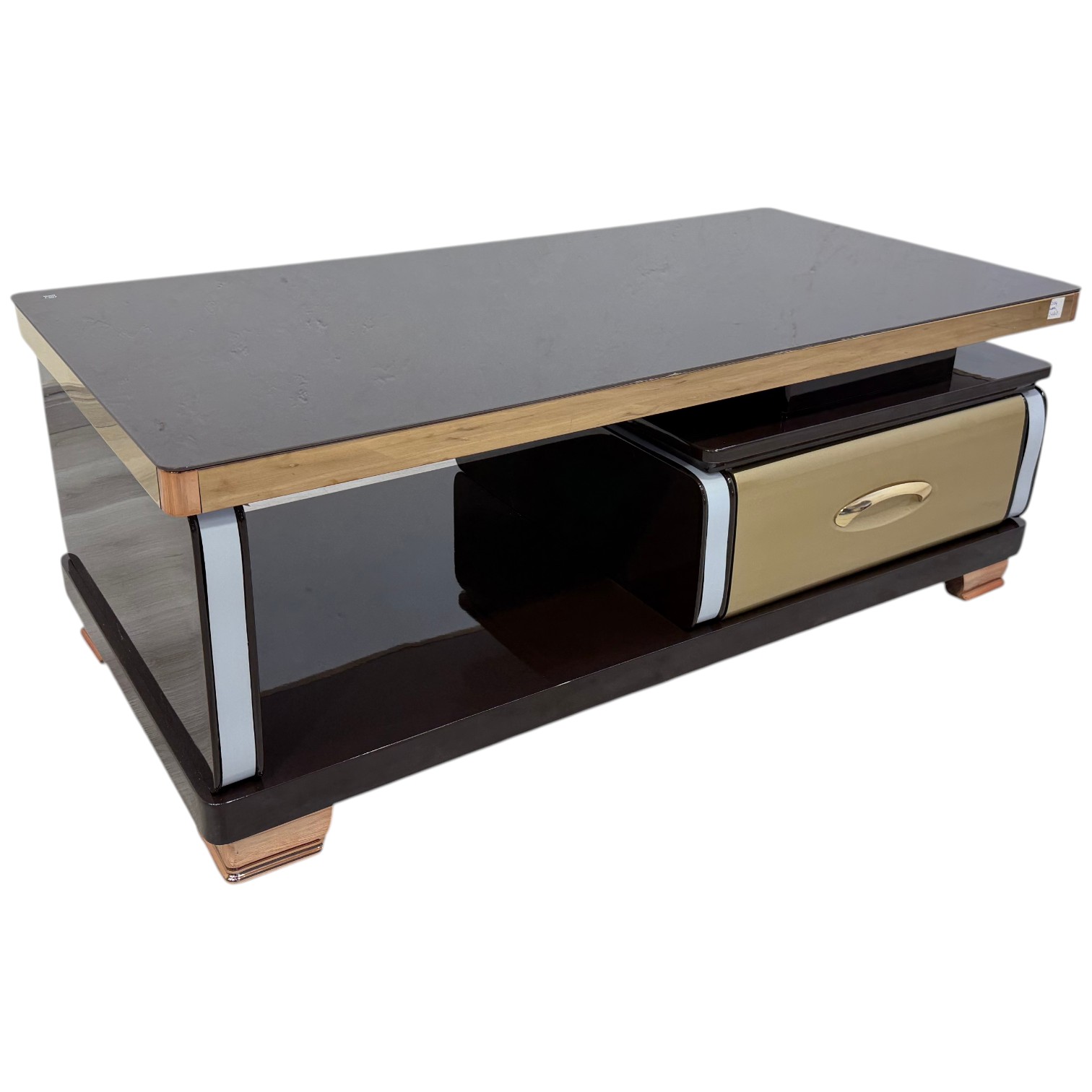 Arden coffee table with glass top, storage drawer and lower shelf