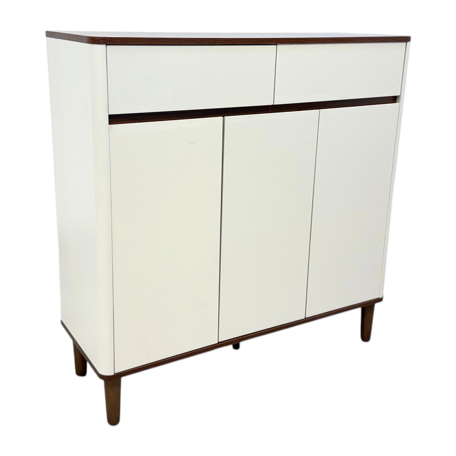 Vale 3-door storage cabinet with two cupboards, white finish and wooden legs