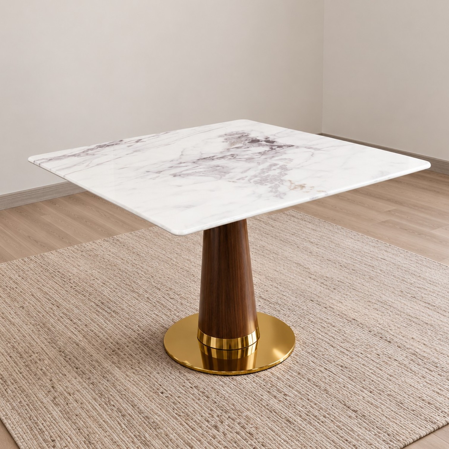 Elise marble dining table with white veined tabletop and wood-finish pedestal base
