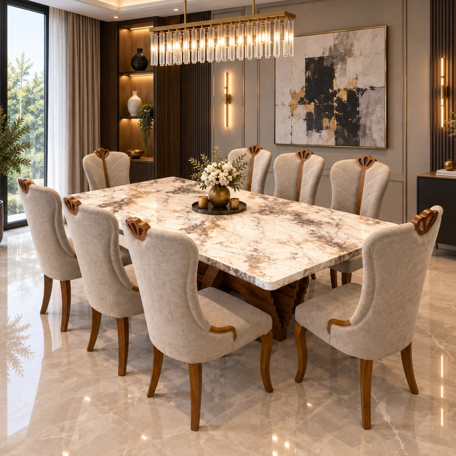 Bellara 8 seater marble dining set with solid wood-patterned base and upholstered chairs