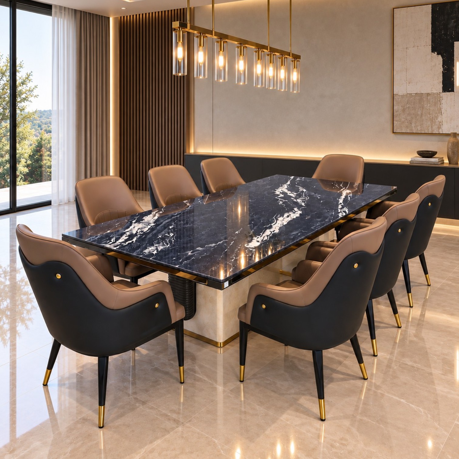 Belmont 8 seater luxury marble dining set with leather chairs and leather chrome base