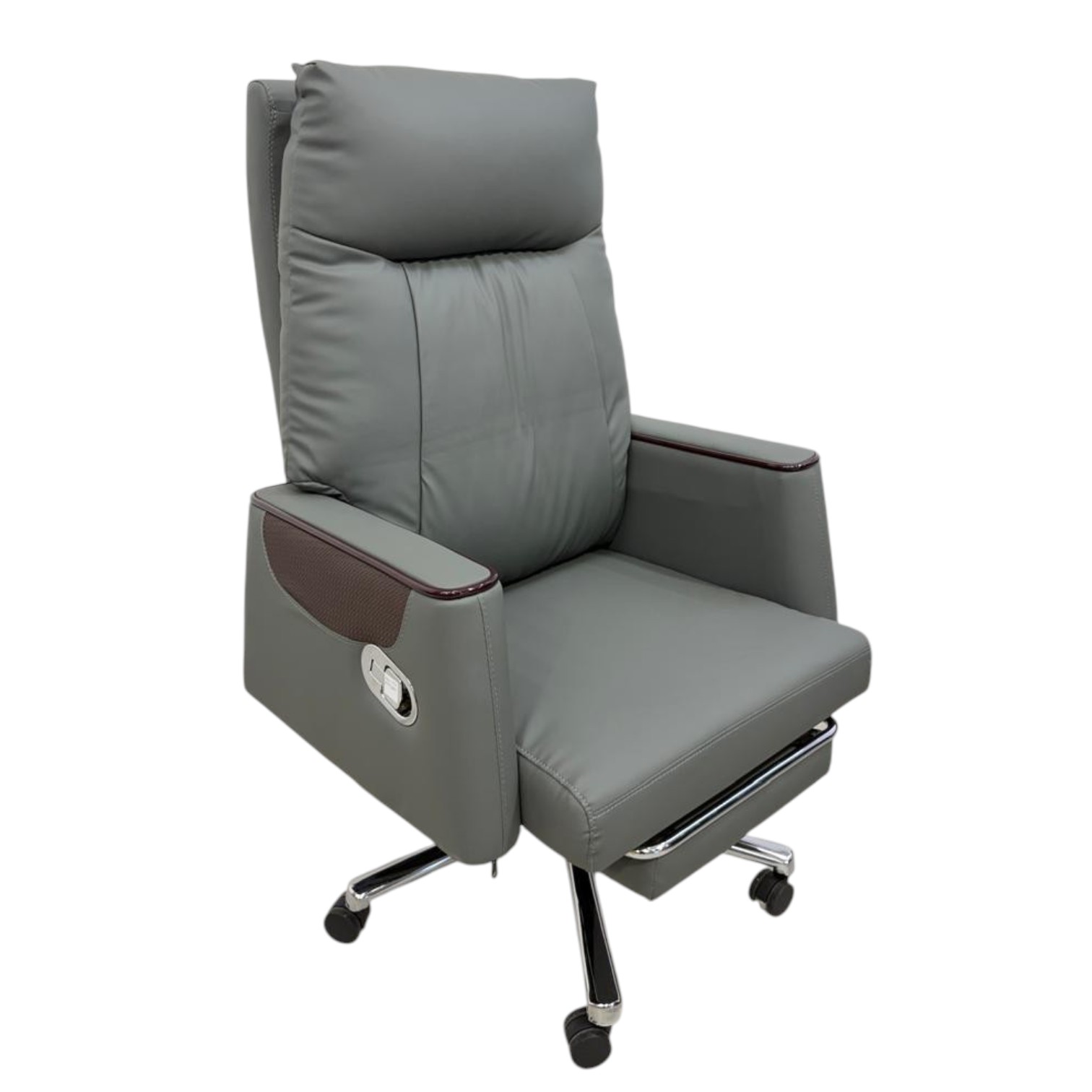 Aston grey executive office chair with reclining backrest and retractable footrest