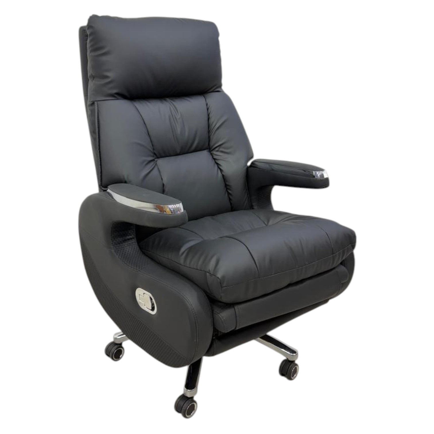 Harvey black leather executive office chair with reclining backrest and retractable footrest