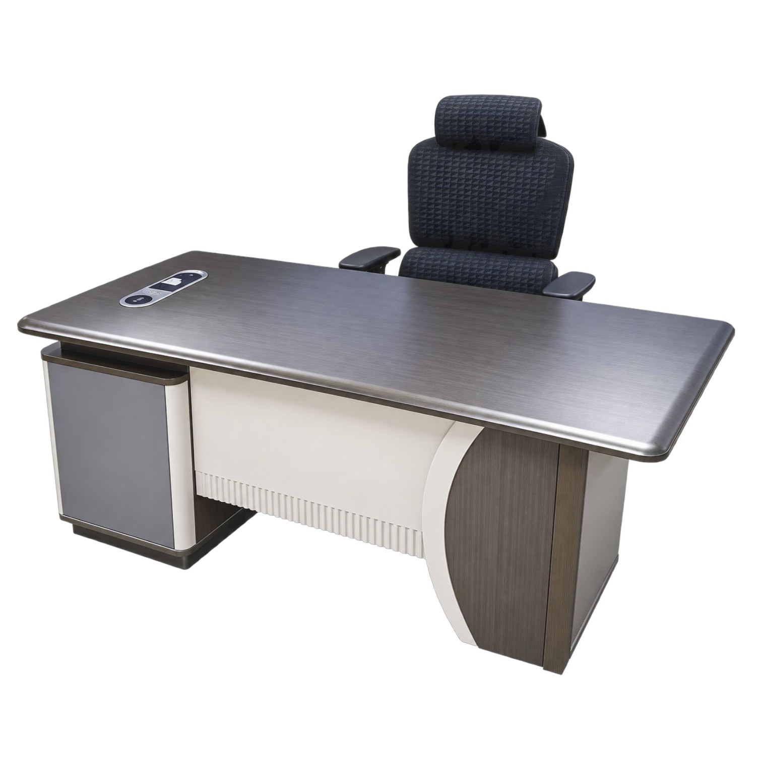 Verve 1.4m office desk with wireless charging, cable management and storage cabinet