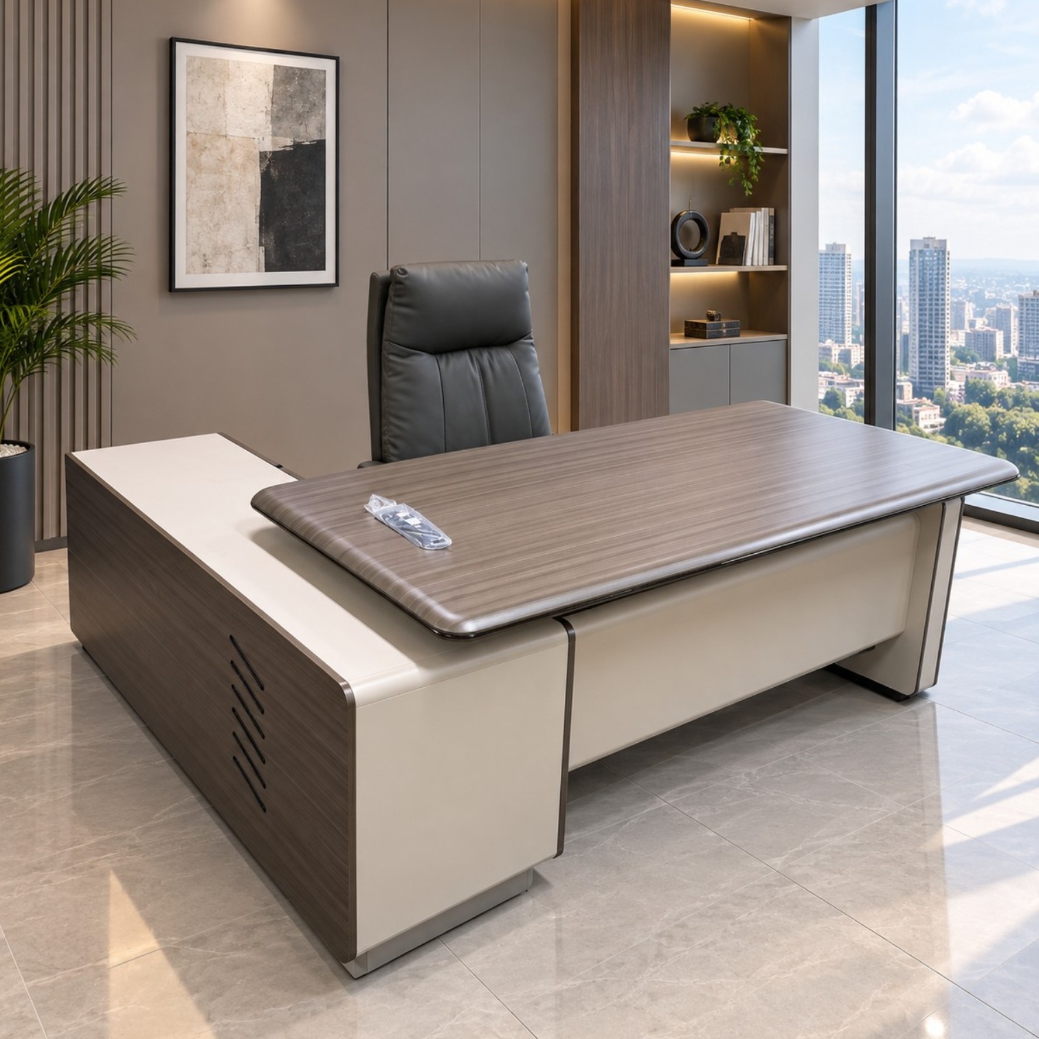Dalton 2m executive office desk with integrated storage cabinet and cable management