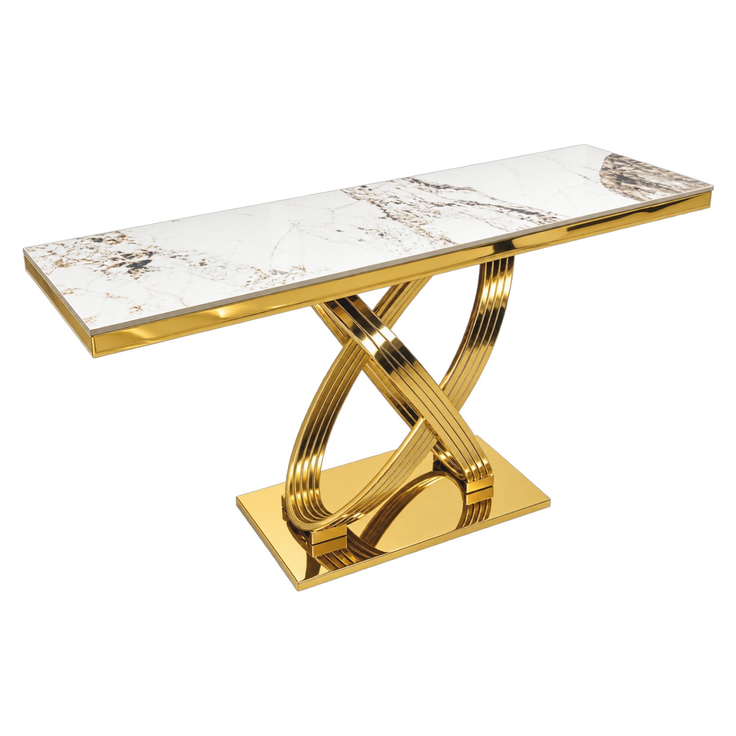 Elara console table with ceramic top and gold chrome X-shaped metal base