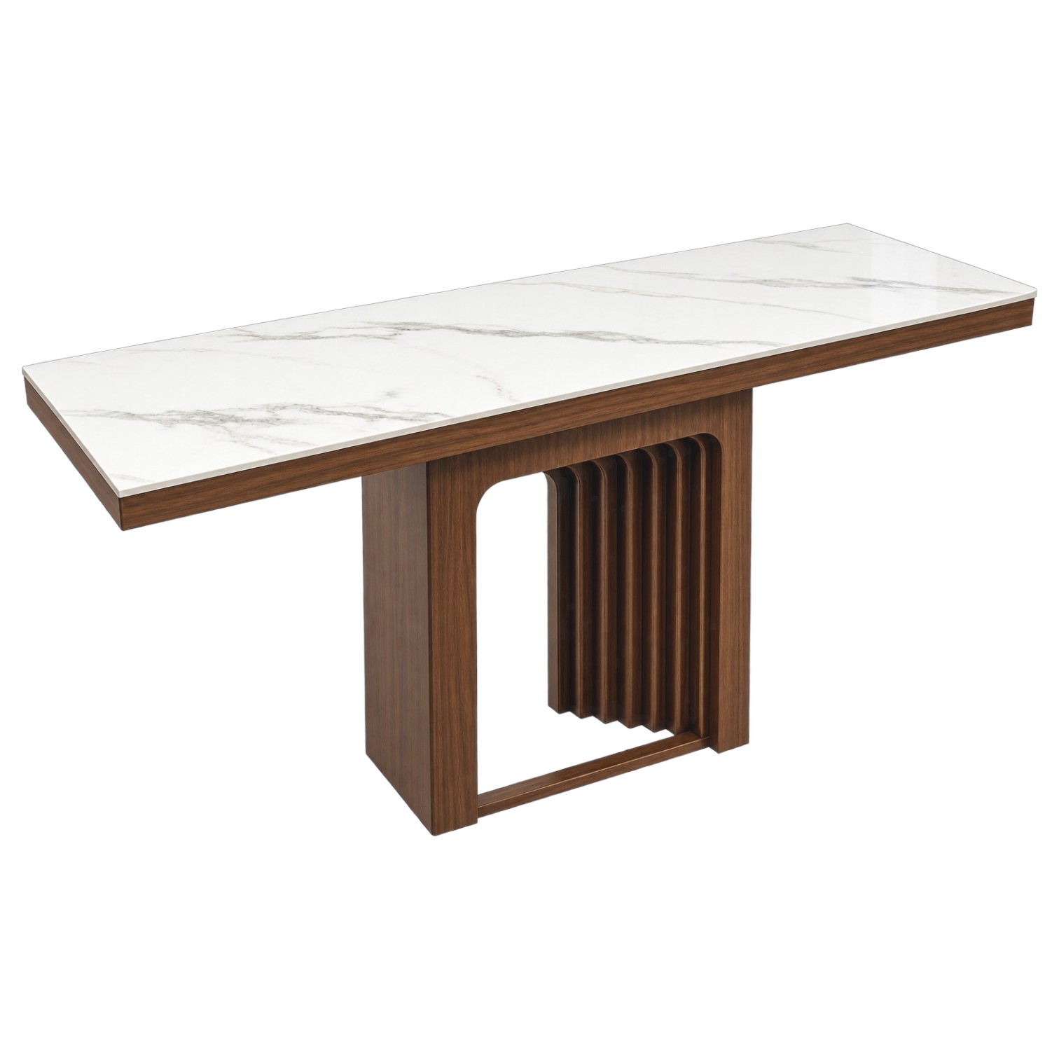 Serena 1.4m console table with ceramic top and wood-finish slatted base
