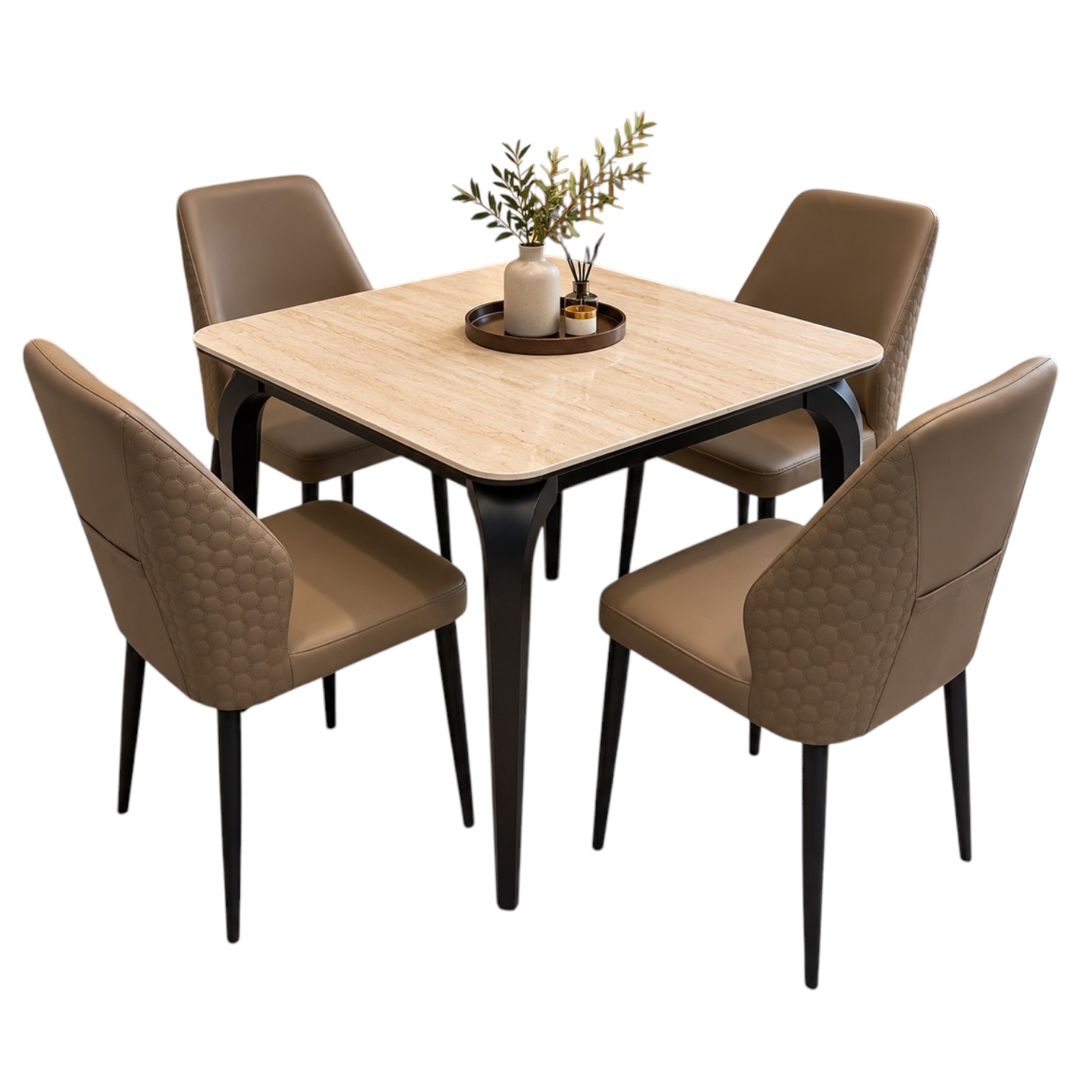 Nella 4 seater dining set with stone-finish tabletop, metal base and upholstered chairs