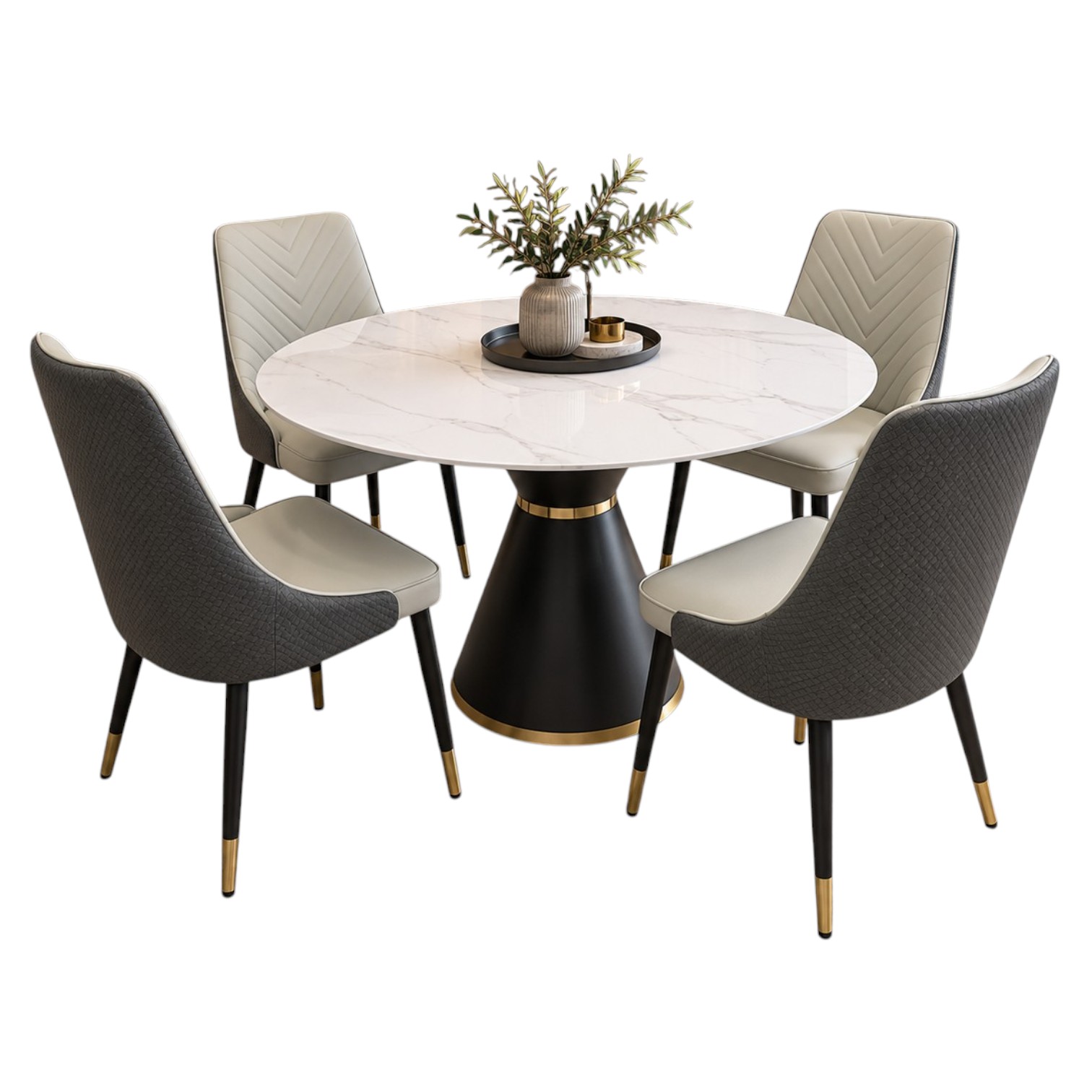 Demi 4 seater dining set with ceramic round table, leather chairs and metal pedestal base