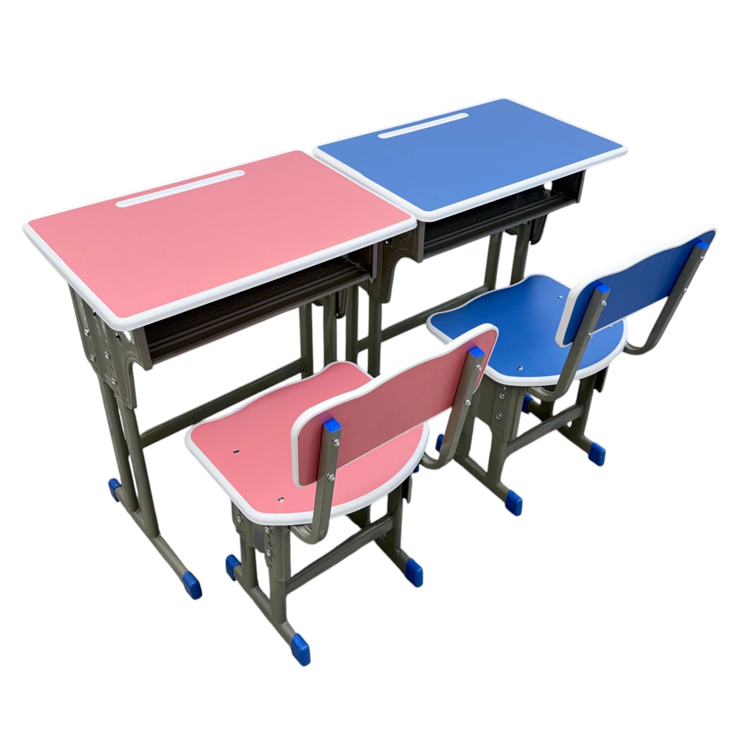 Kids height-adjustable study table and chair set with blue and pink seats