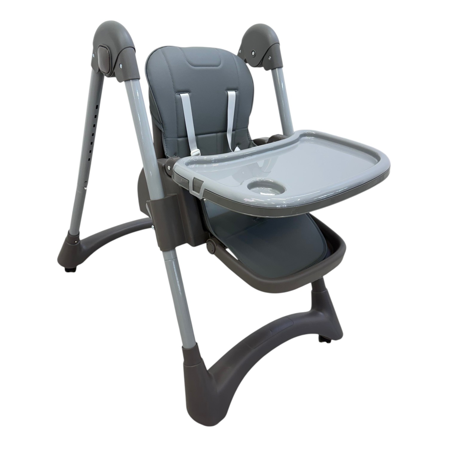Grey baby feeding chair with adjustable height, feeding tray and safety harness
