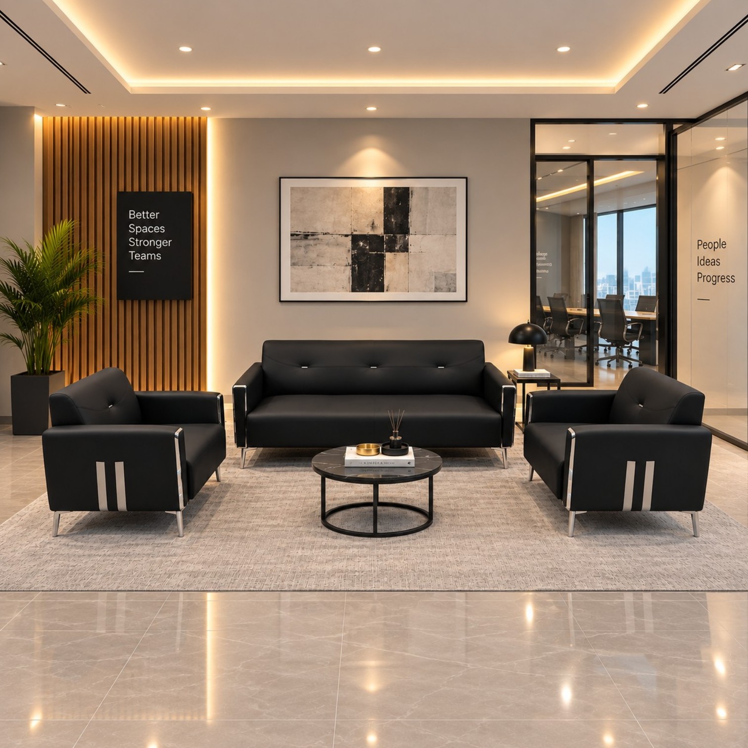 Alton 5 seater black leather sofa set with chrome detailing and metal legs