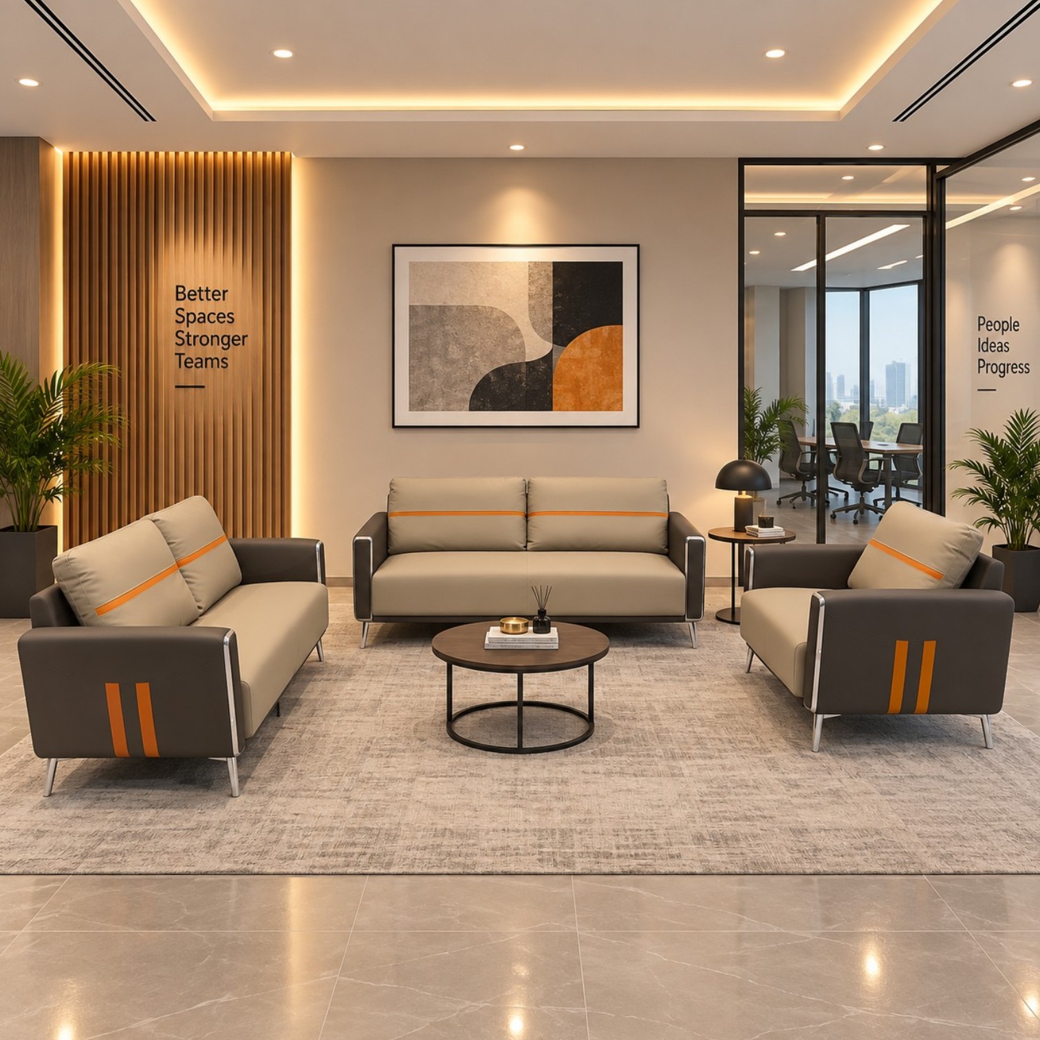 Aston 6 seater beige and brown leather sofa set with orange accents and chrome detailing
