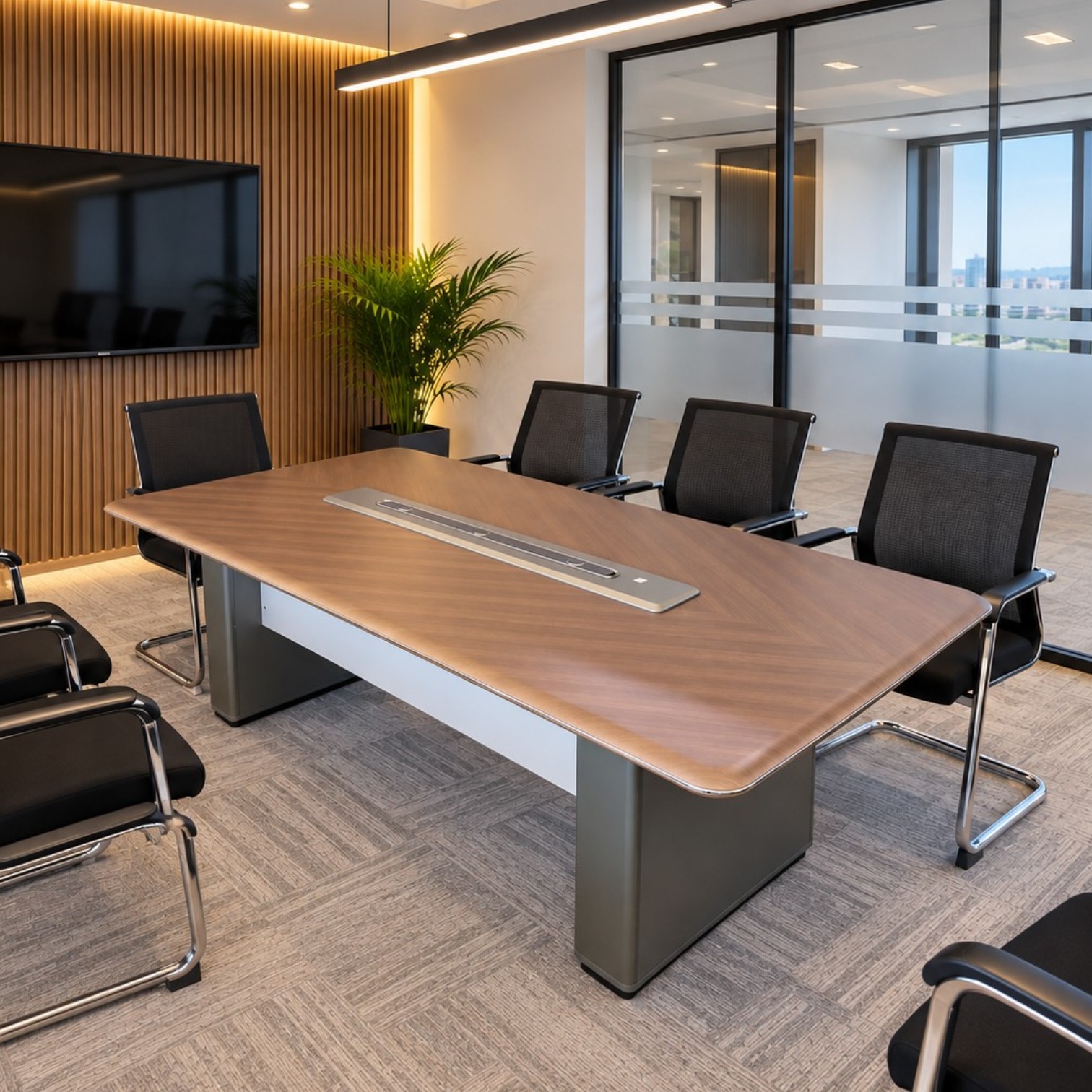 Aspen 2.4m conference table with built-in cable management system and wood-grain finish