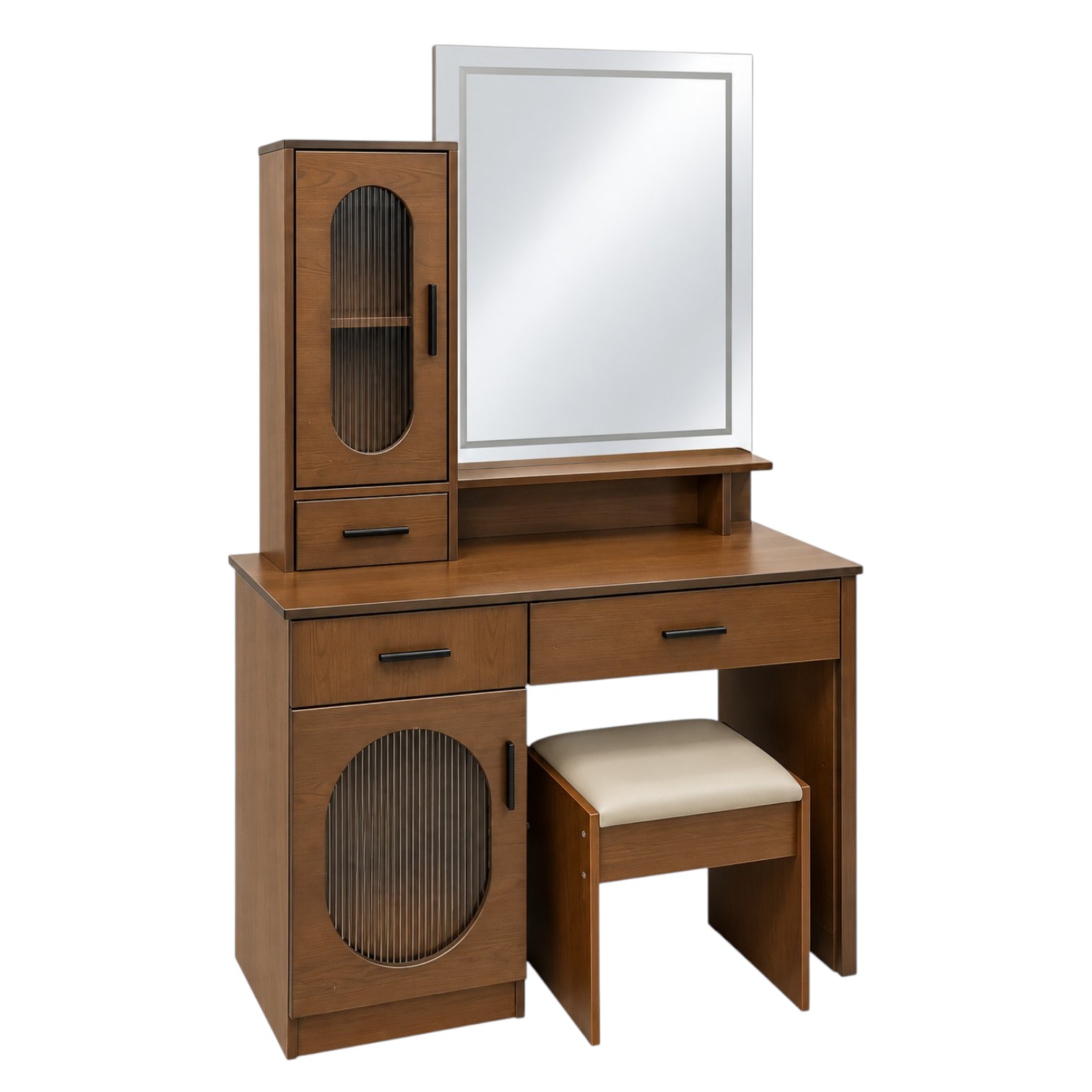 Aria dressing table with illuminated mirror, multiple storage compartments and matching padded stool