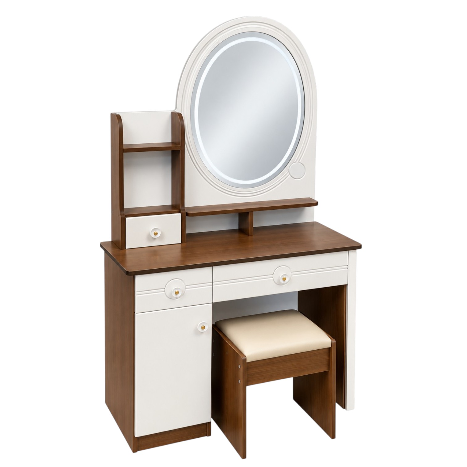 Amara dressing table with illuminated oval mirror, multiple drawers, storage cabinet and matching padded stool
