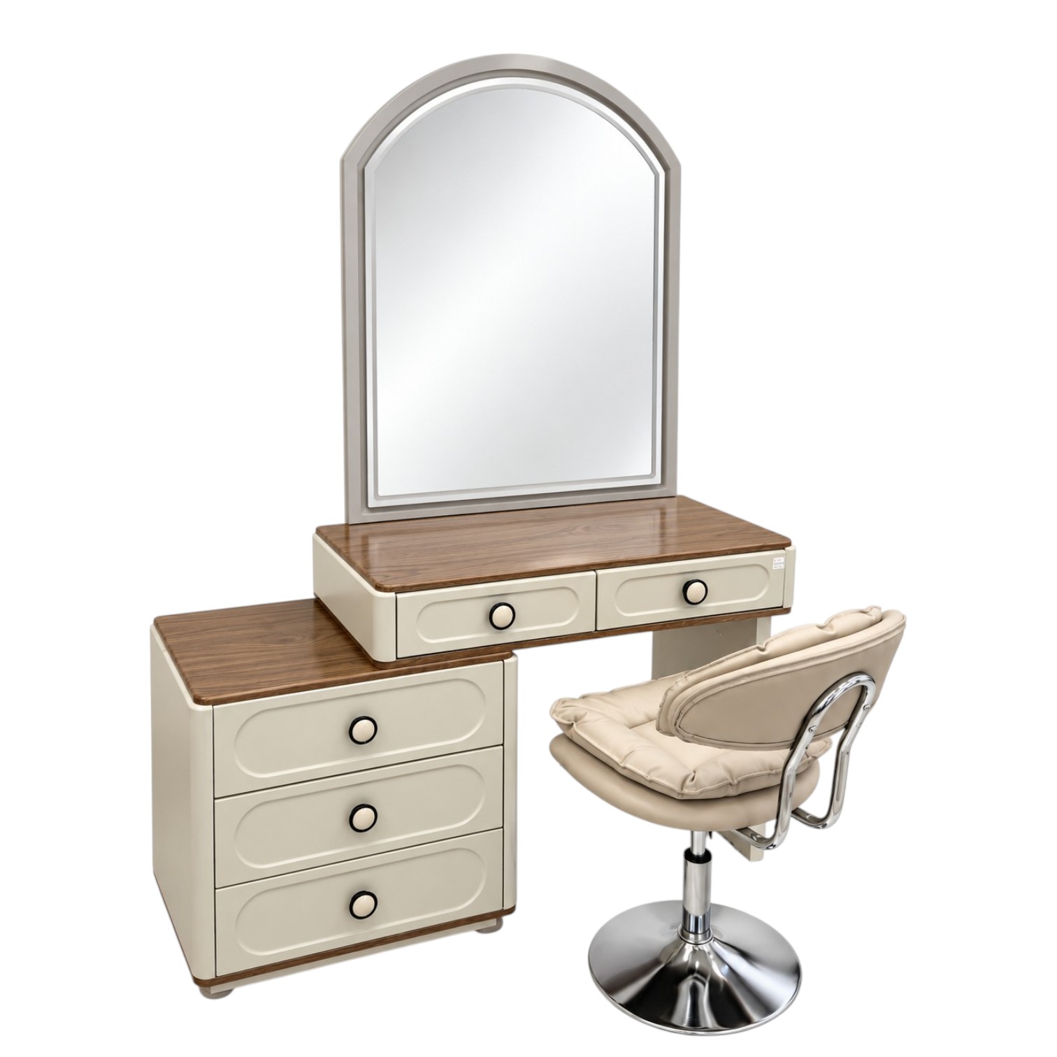 Livia dressing table with arched mirror, five storage drawers and matching upholstered stool