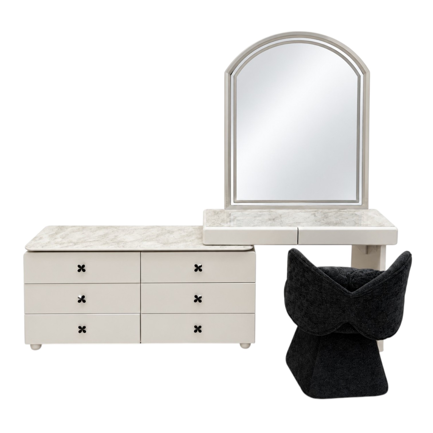 Bianca dressing table with illuminated arched mirror, five drawers, marble-look top and matching upholstered stool