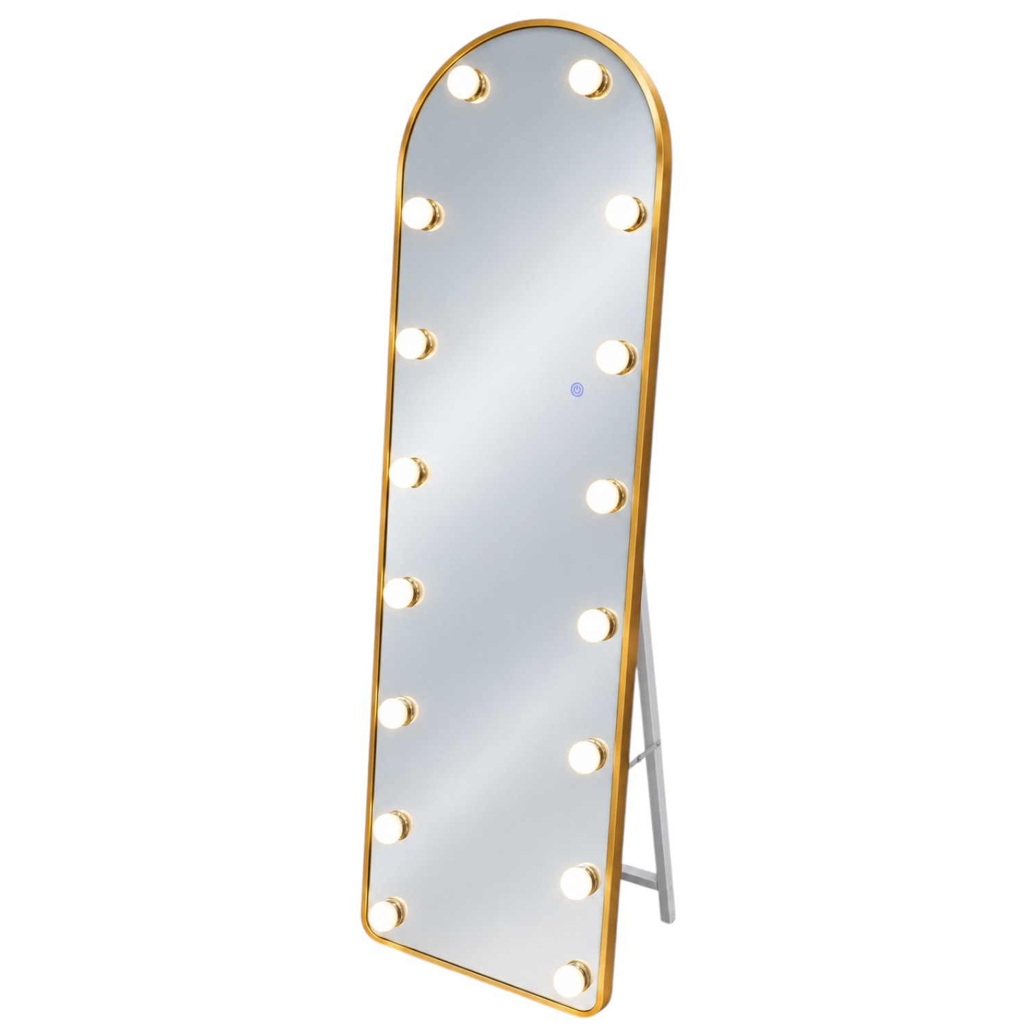 LED standing mirror with gold frame and full-length illuminated design