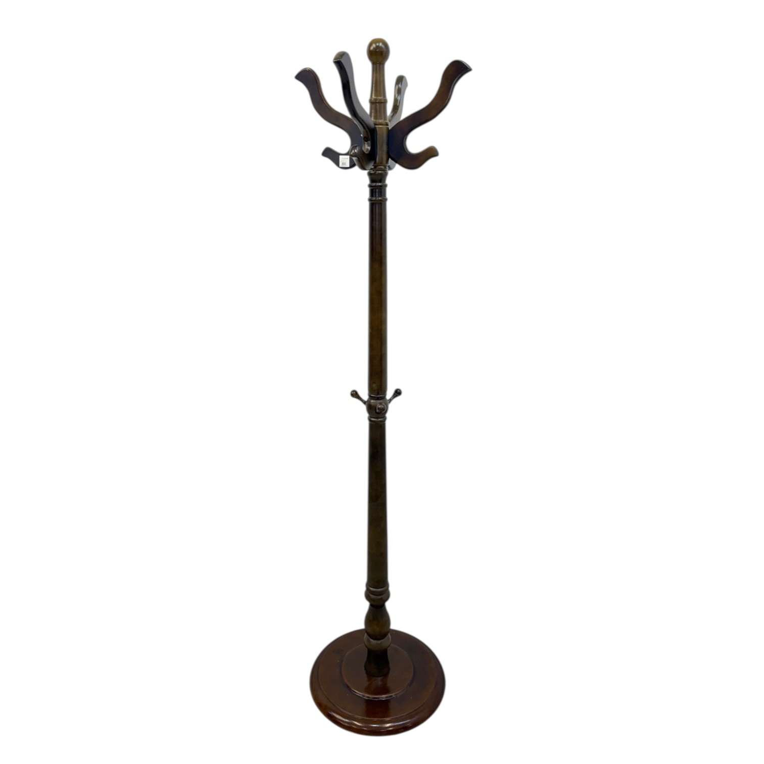Wooden coat stand with multiple hooks and round wooden base