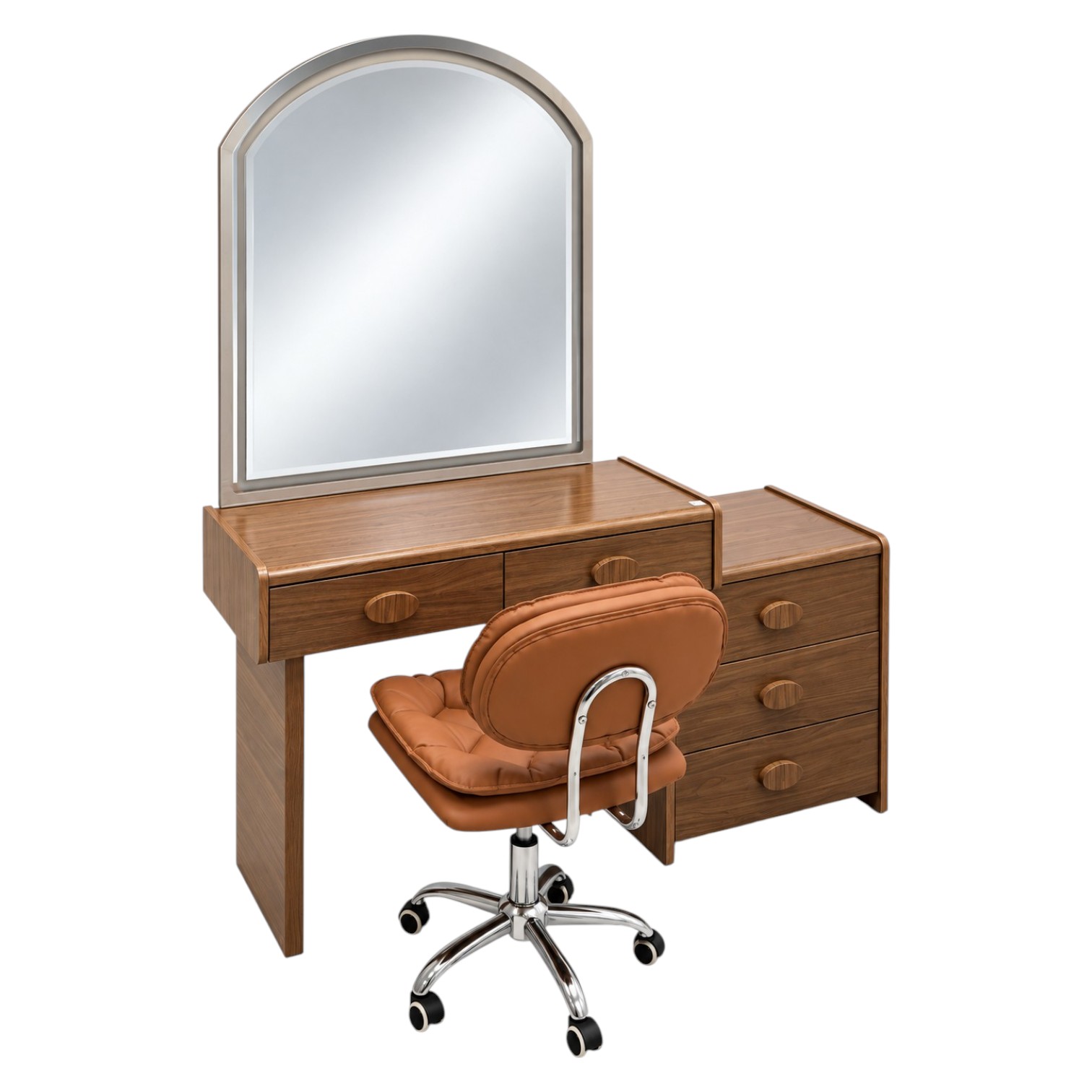 dressing table with arched mirror, five drawers, side storage cabinet and upholstered swivel stool