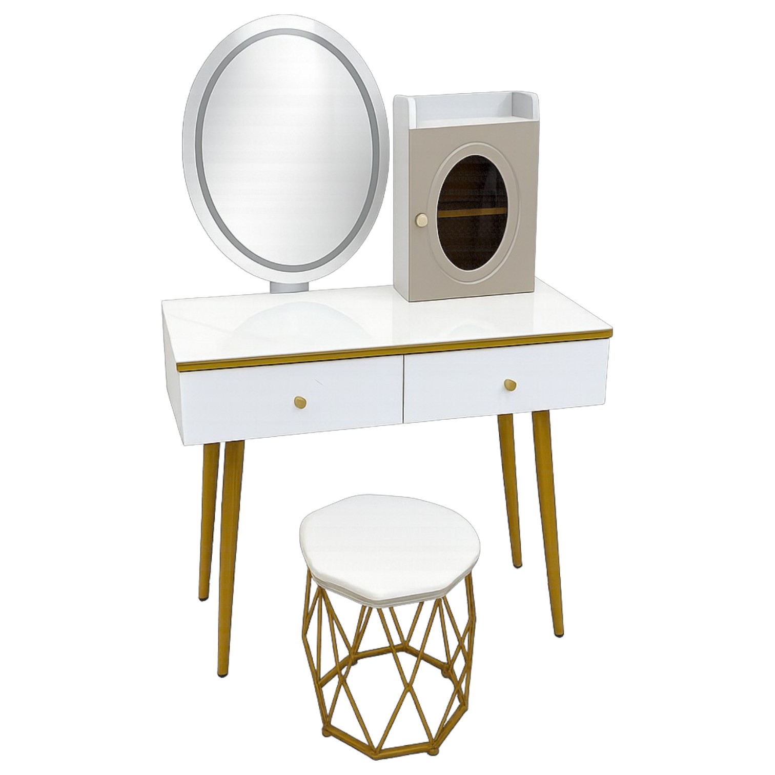 dressing table with oval mirror, two drawers, side storage cabinet and matching padded stool