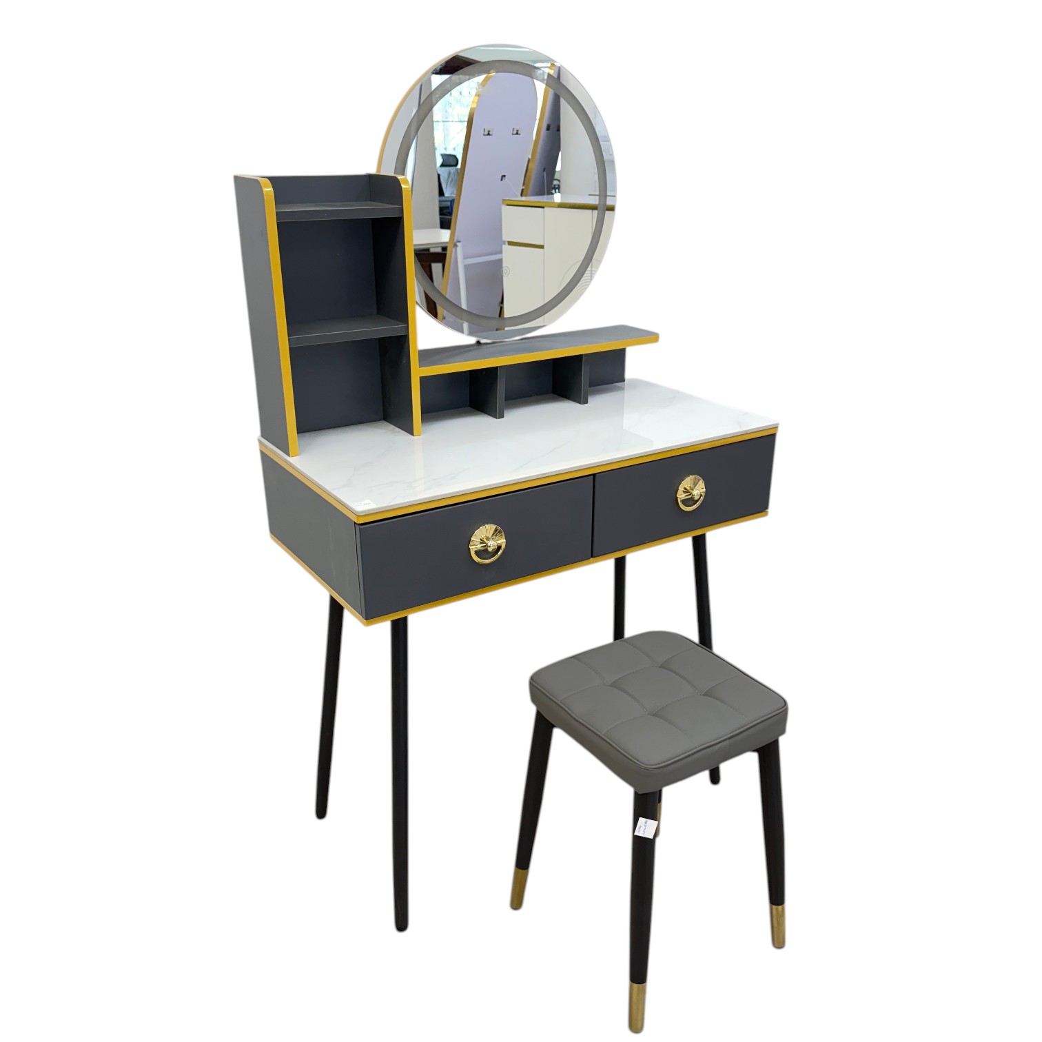 dressing table with round mirror, marble-look top, storage drawers and matching padded stool