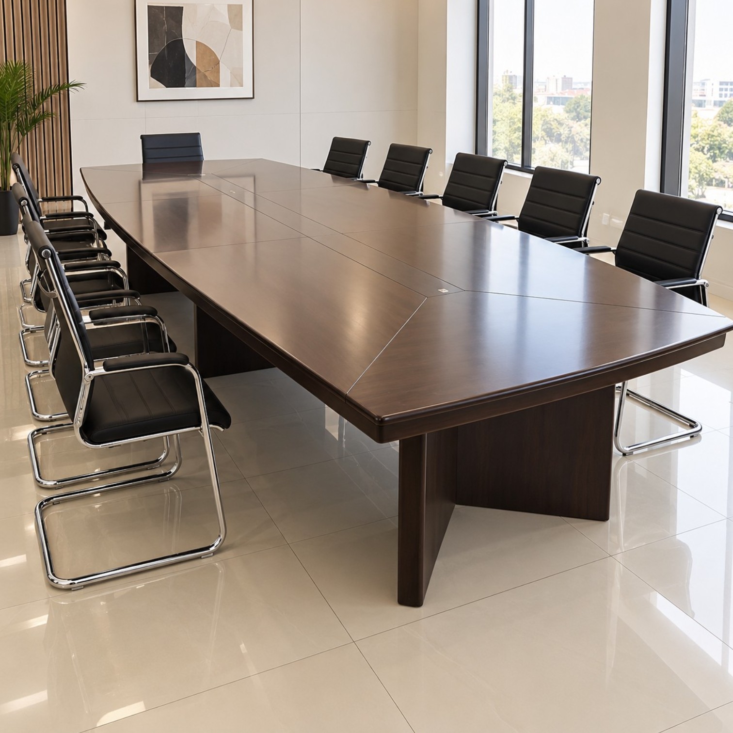 4 meter dark wood conference table with integrated cable management in a modern boardroom