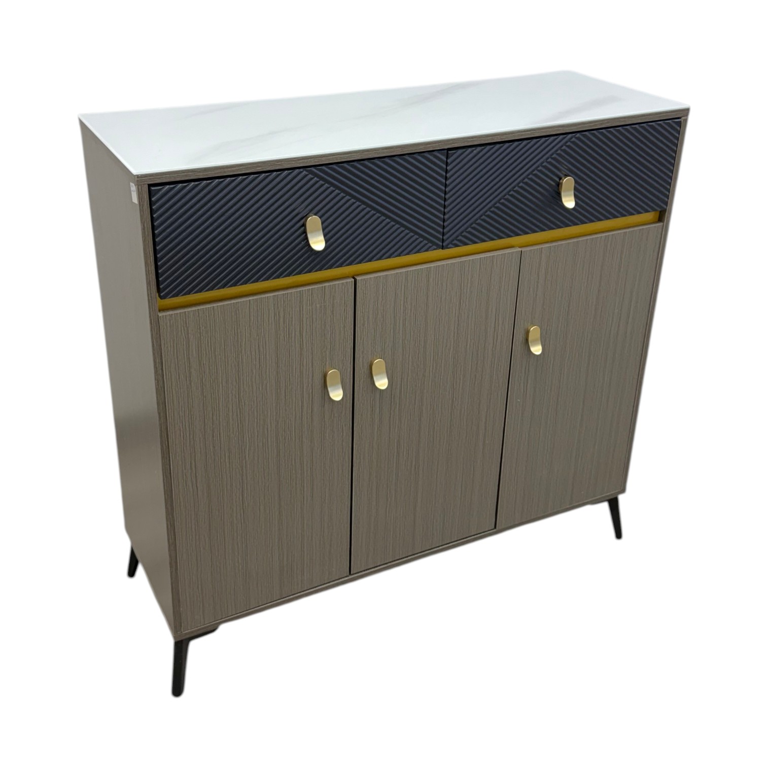 Loren storage cabinet with two drawers, three-door storage compartment, marble-look top and gold accents