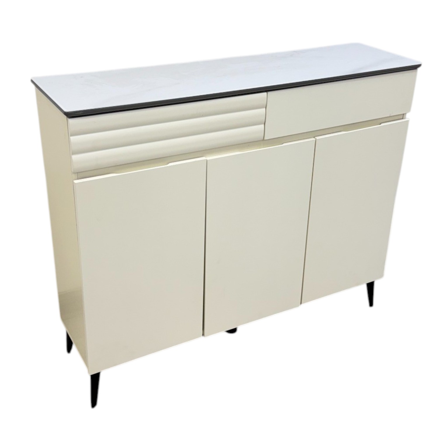 Elias cream storage cabinet with three doors, upper compartments and marble-look top