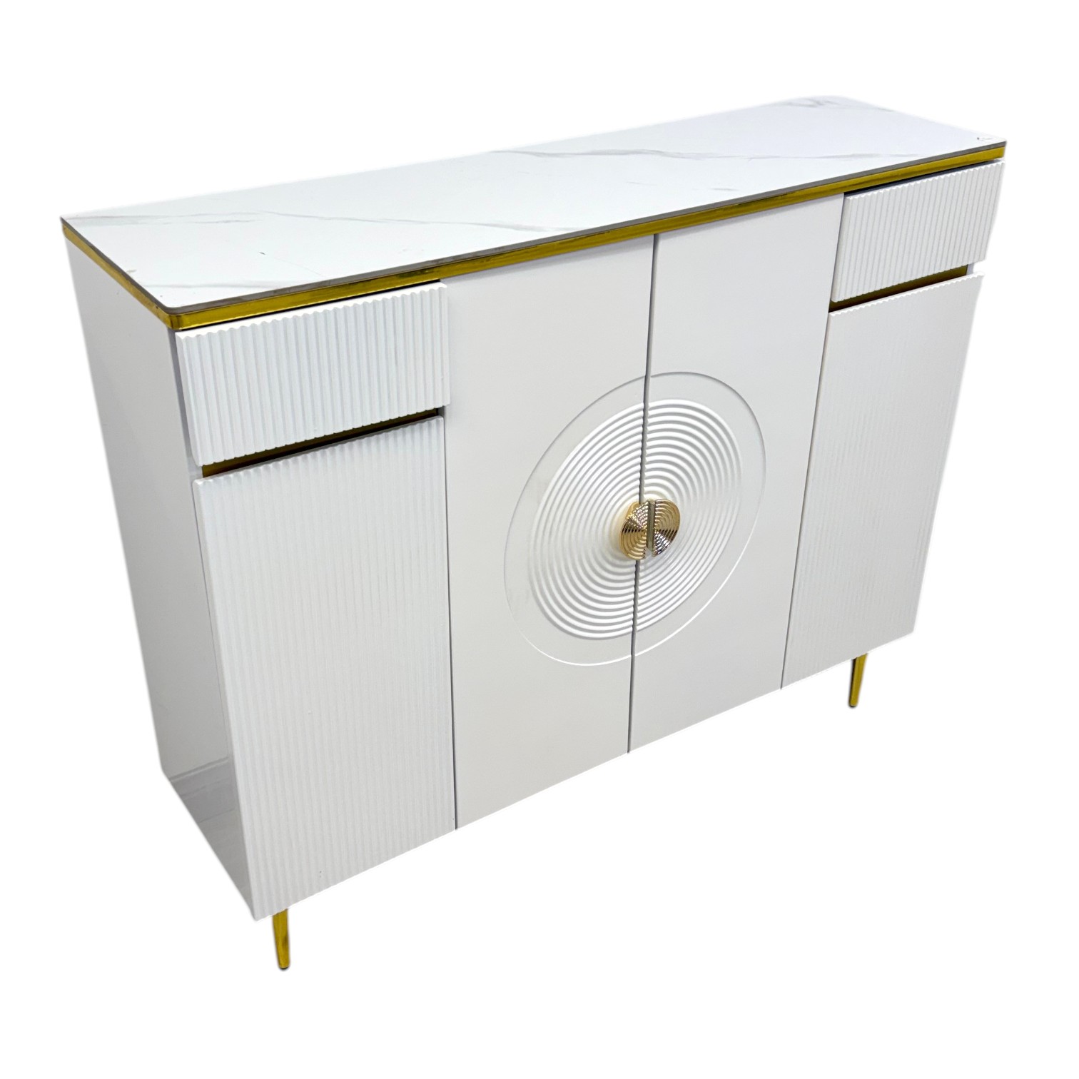 Leon white storage cabinet with marble-look top, fluted detailing, gold accents and decorative circular design