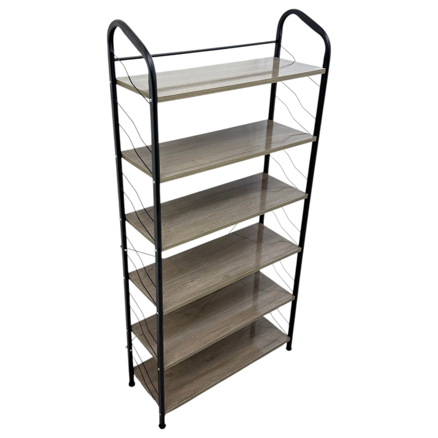 Shoe Rack with six wood-look shelves and black metal frame