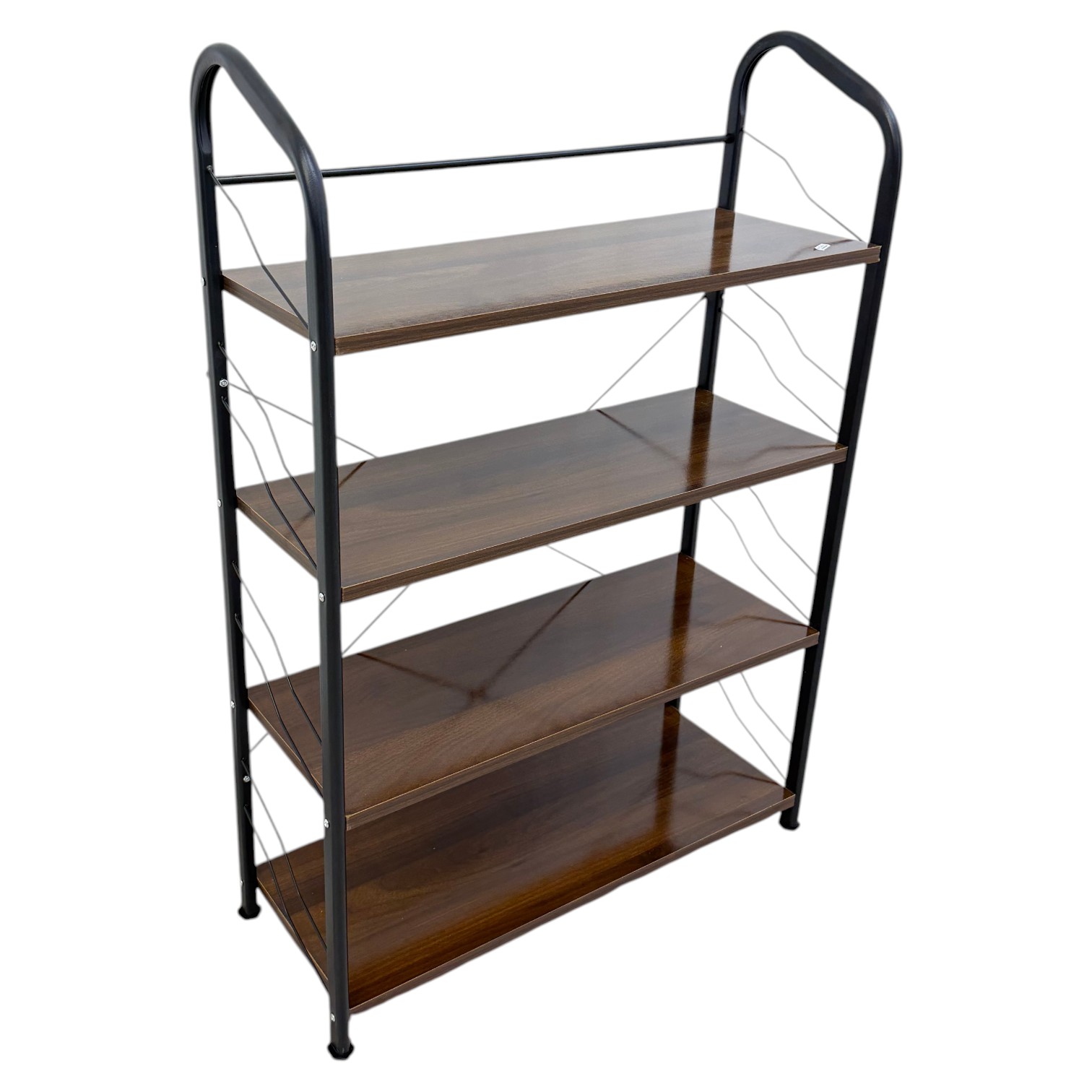 Shoe Rack with four wood-look shelves and black metal frame