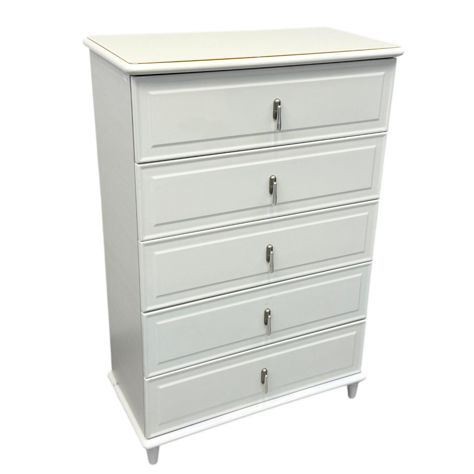 5 drawer chest with white finish, panelled drawers and metal handles