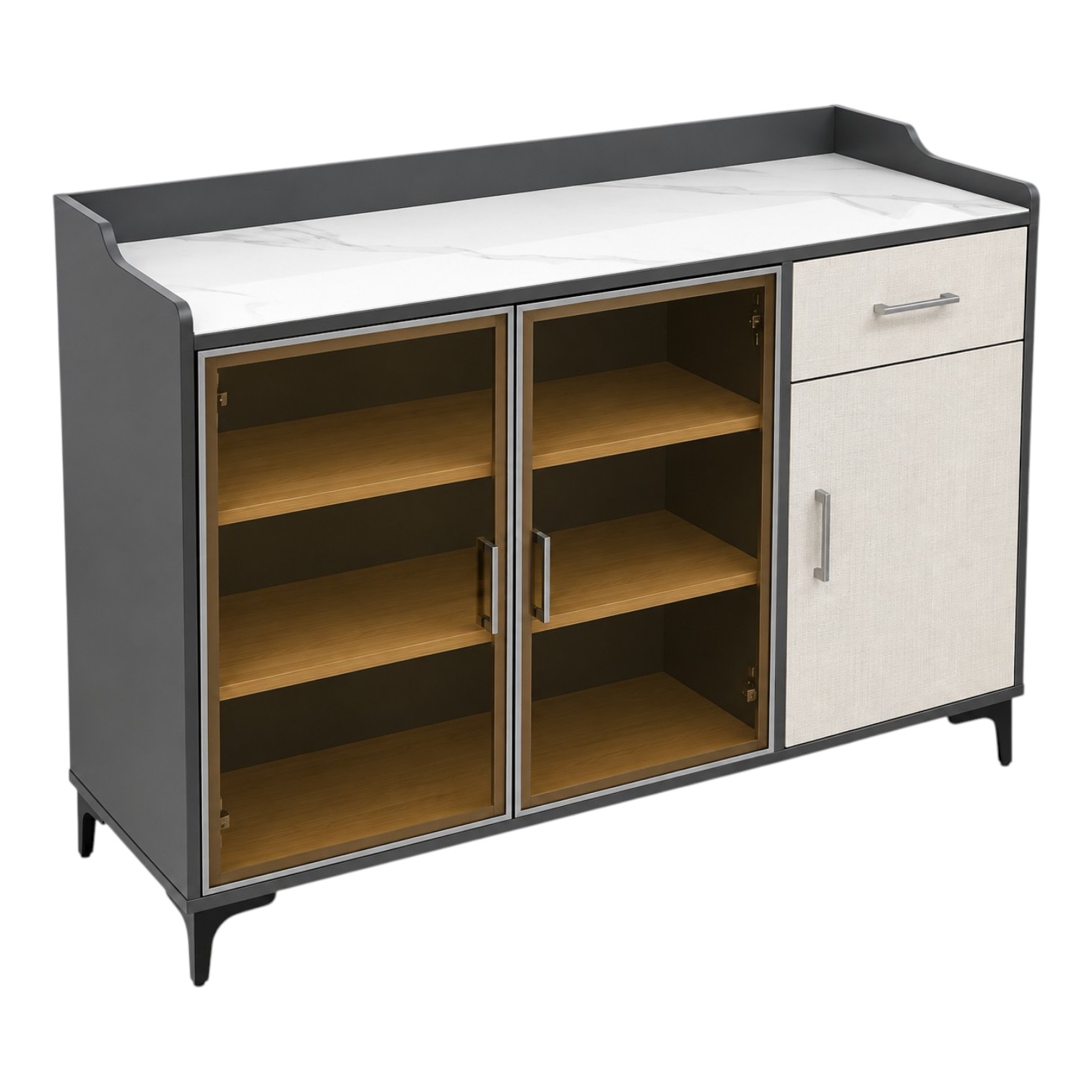 Arden storage cabinet with glass doors, drawer, enclosed storage and marble-look top