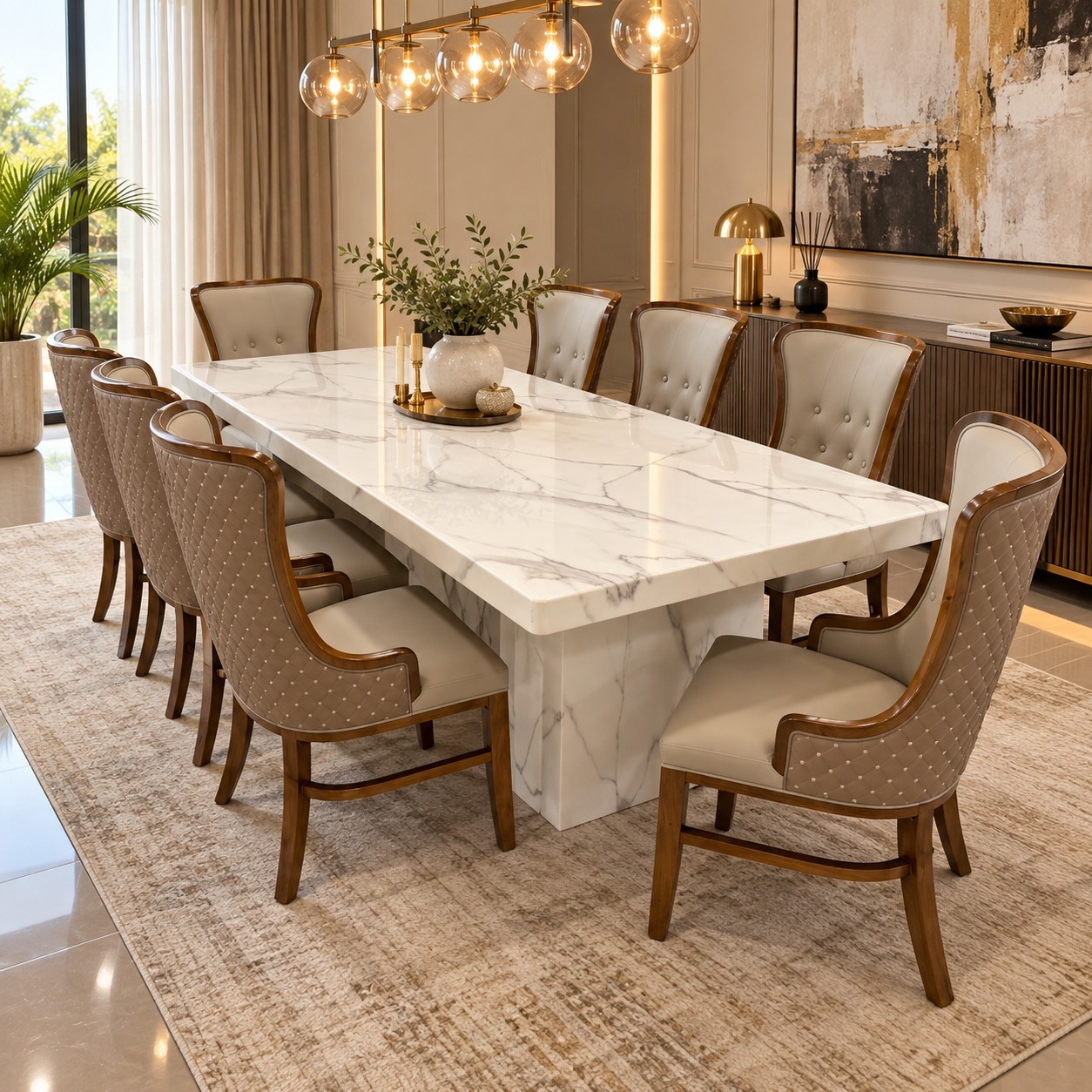 8 seater marble dining set with upholstered tufted chairs and matching marble-look base