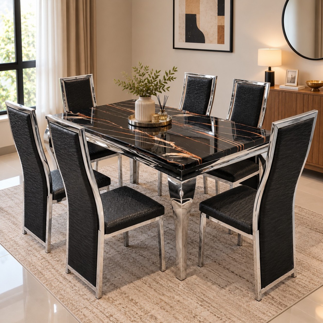 Roma Silver 6 seater marble dining set with upholstered chairs and silver chrome metal base