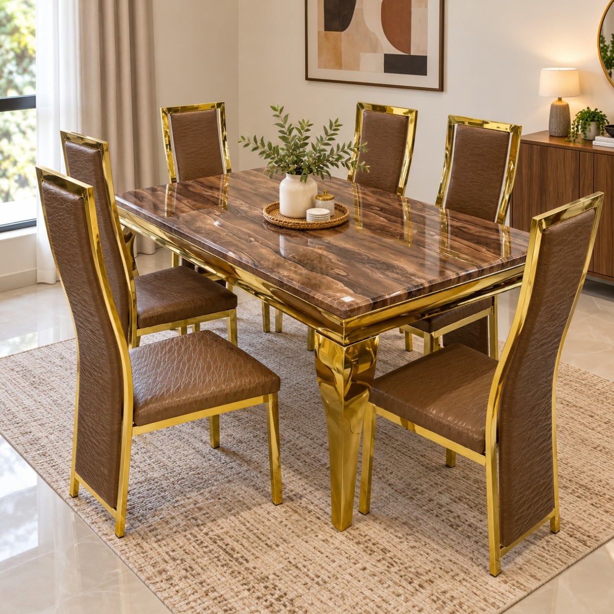 Gold 6 seater marble dining set with brown upholstered chairs and gold metal base