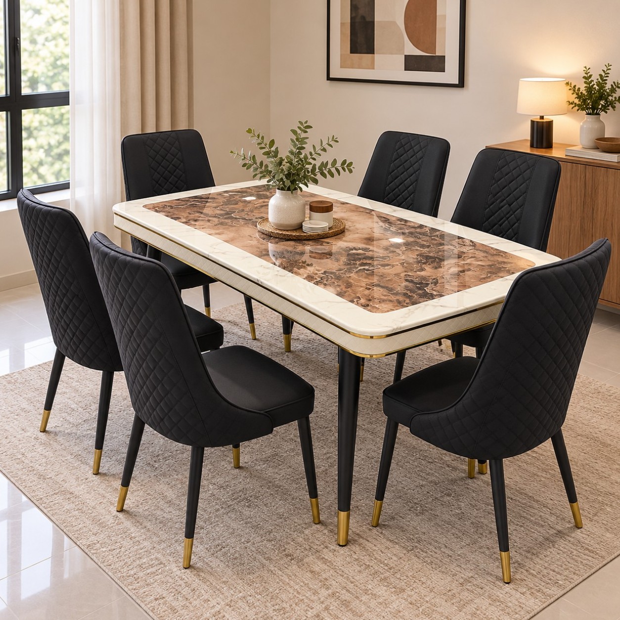 6 seater marble dining set with black quilted upholstered chairs and gold accents