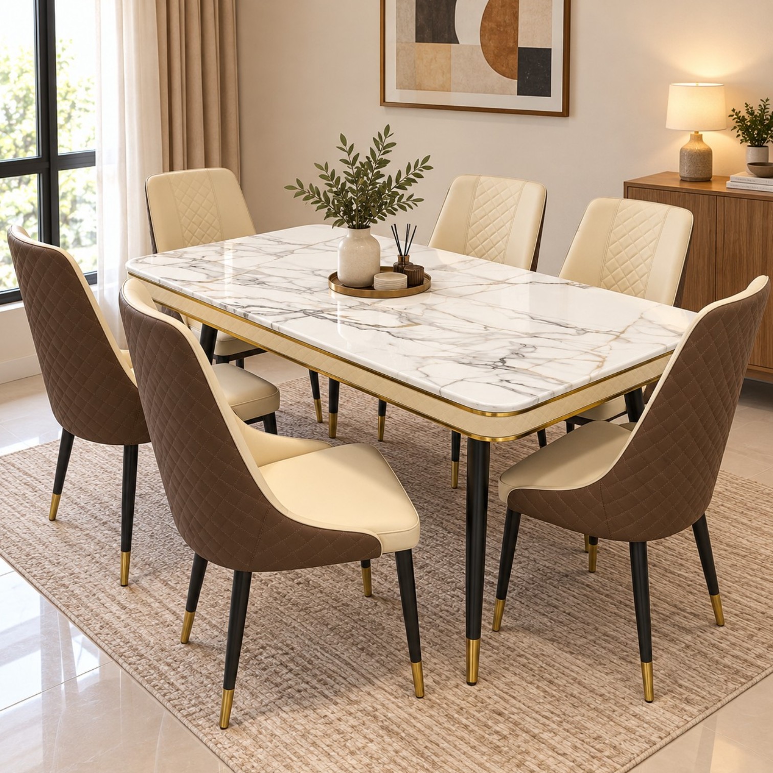 6 seater marble dining set with cream and brown quilted chairs, black metal base and gold accents