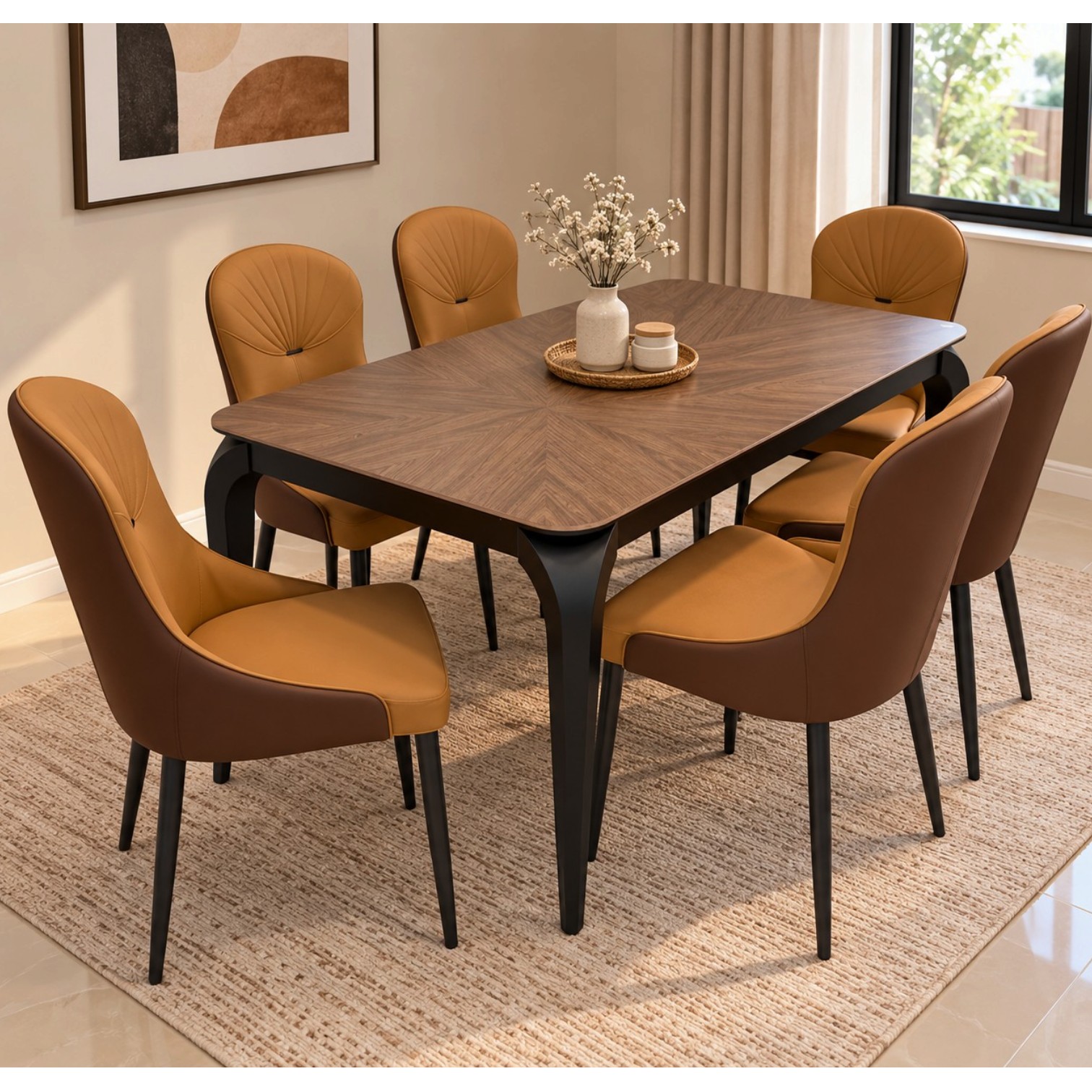 6 seater dining set with wood-look stone tabletop, black metal base and brown upholstered quilted chairs