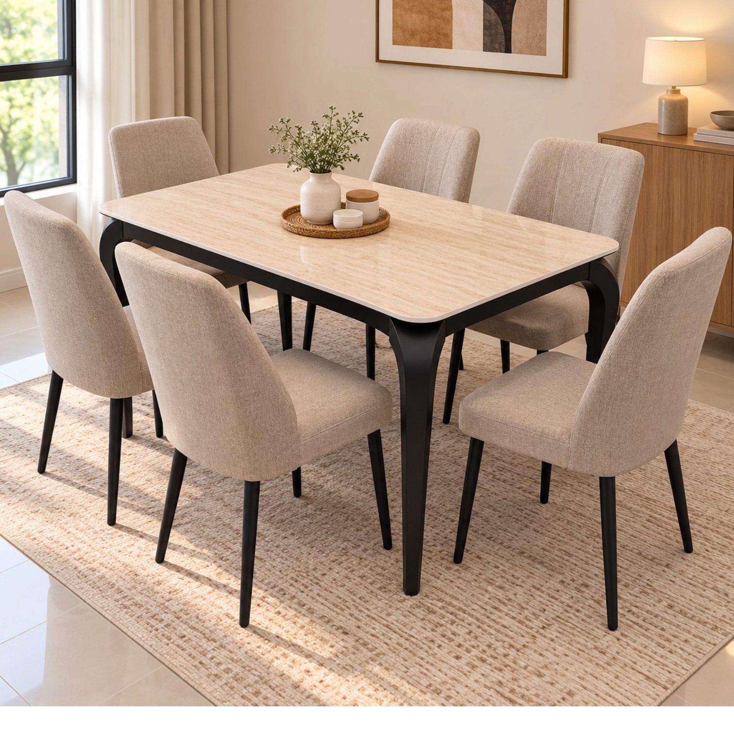 Milan 6 seater stone dining set with beige upholstered chairs and black metal base