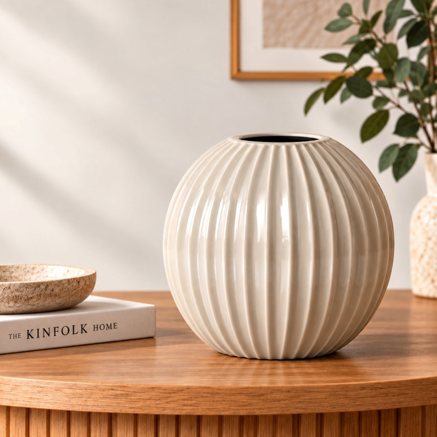 Round cream ceramic vase with ribbed textured finish