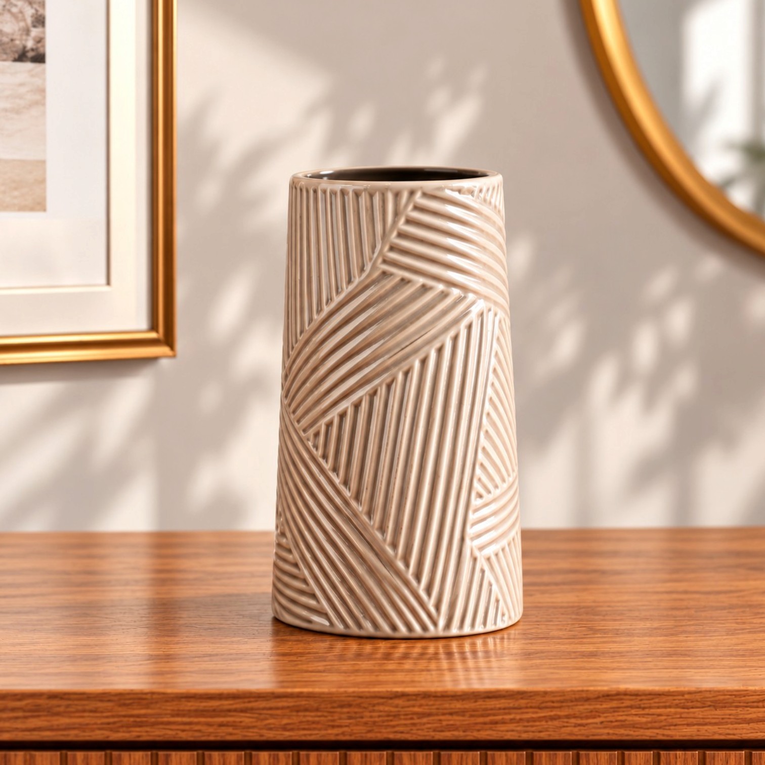 Ribbed cream ceramic vase with geometric textured pattern and glossy finish
