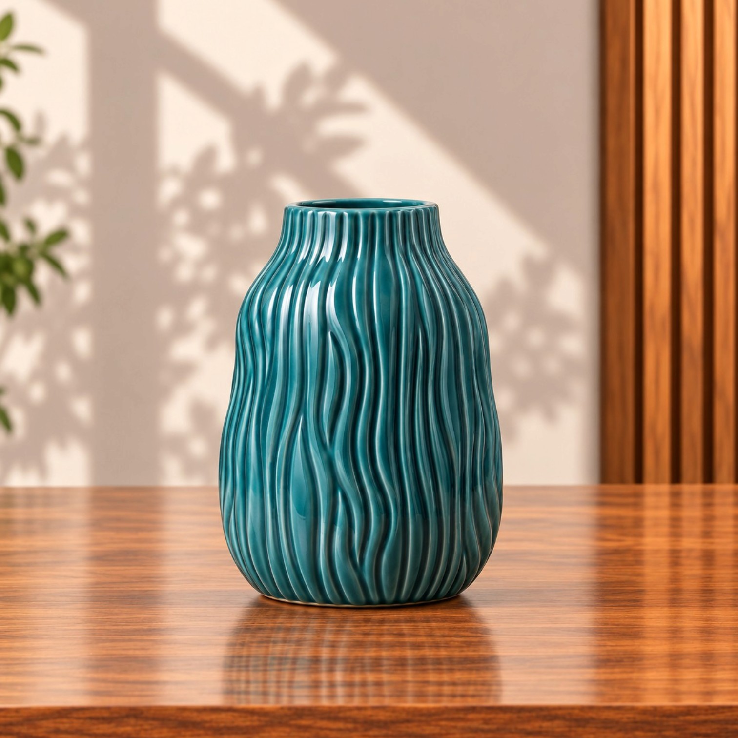 Teal ceramic vase with sculpted wave texture and glossy finish